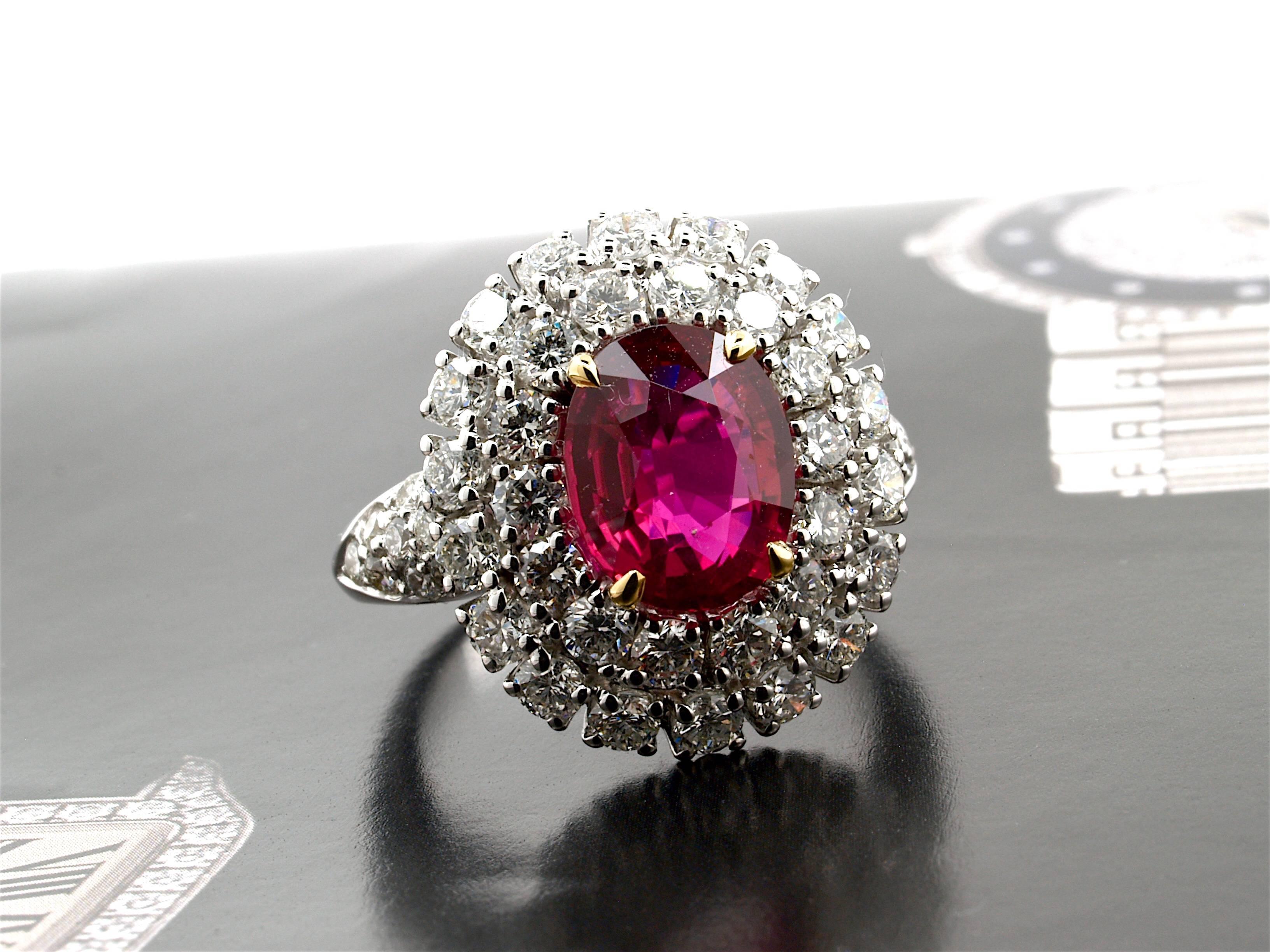 Women's 5.31 Carat GRS Certified Unheated Red Ruby and Diamond Ring For Sale