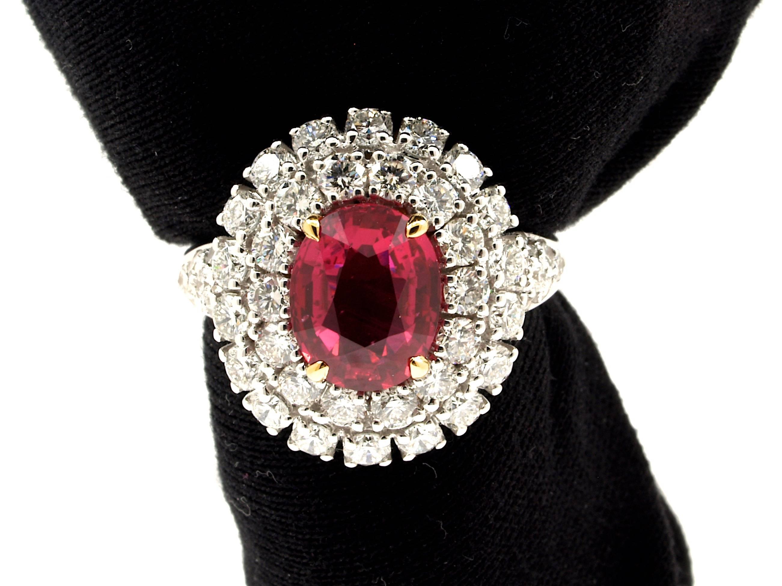 5.31 Carat GRS Certified Unheated Red Ruby and Diamond Ring For Sale 3