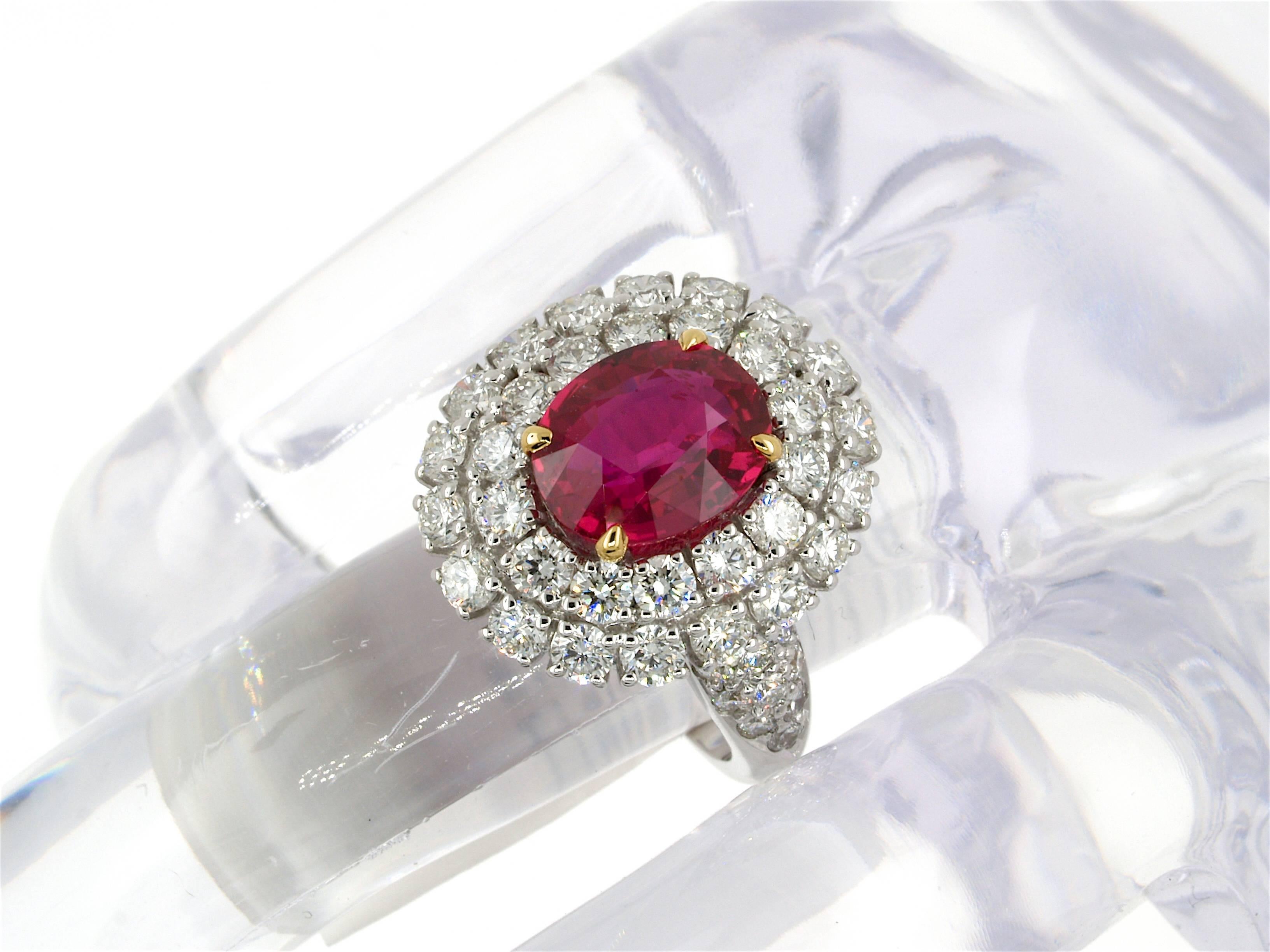 5.31 Carat GRS Certified Unheated Red Ruby and Diamond Ring For Sale 4