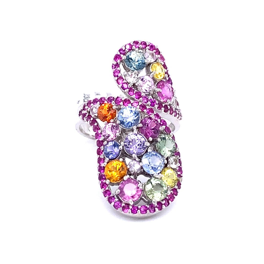 Contemporary 5.31 Carat Multi Color Sapphire White Gold Cocktail Ring For Sale