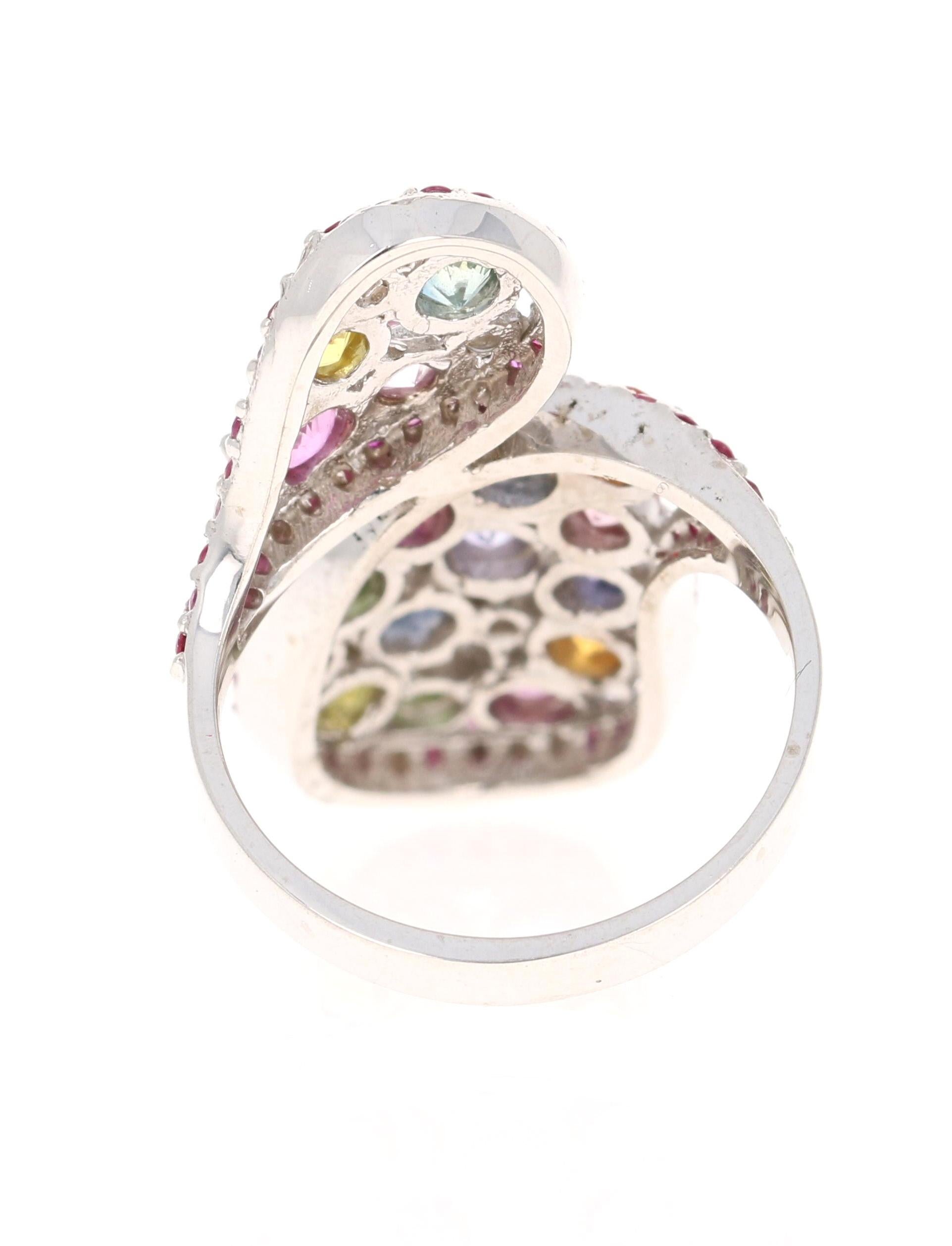Round Cut 5.31 Carat Multi Color Sapphire White Gold Cocktail Ring For Sale