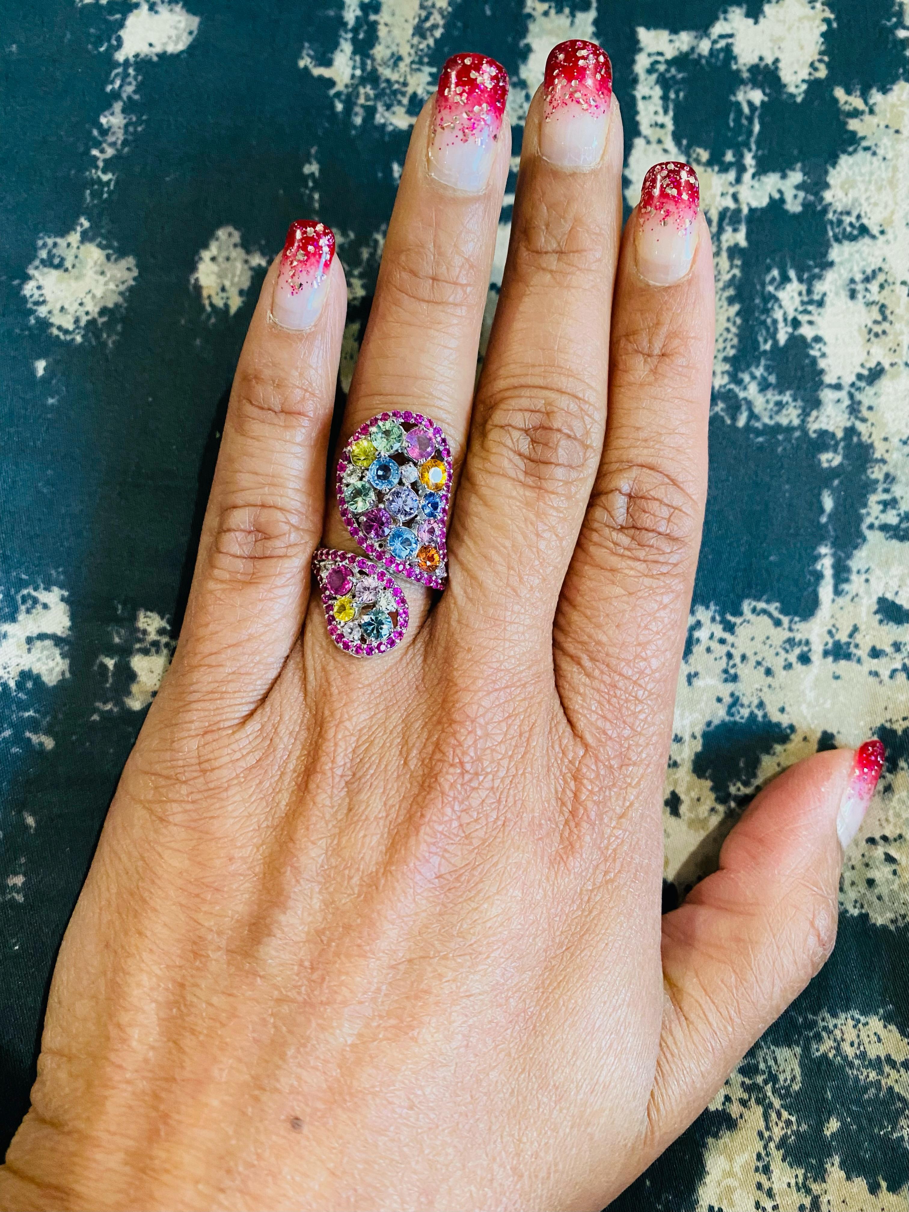 5.31 Carat Multi Color Sapphire White Gold Cocktail Ring In New Condition For Sale In Los Angeles, CA