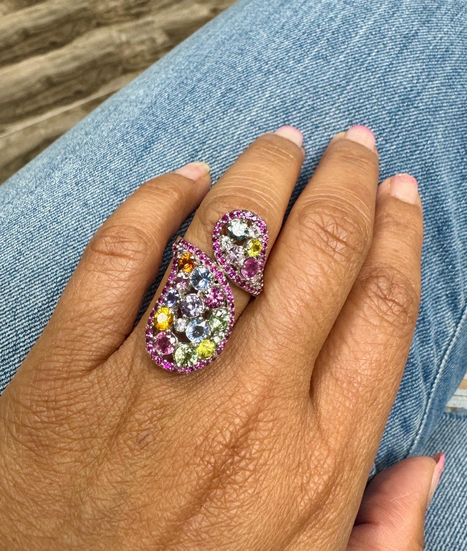 5.31 Carat Multi Color Sapphire White Gold Cocktail Ring For Sale 2