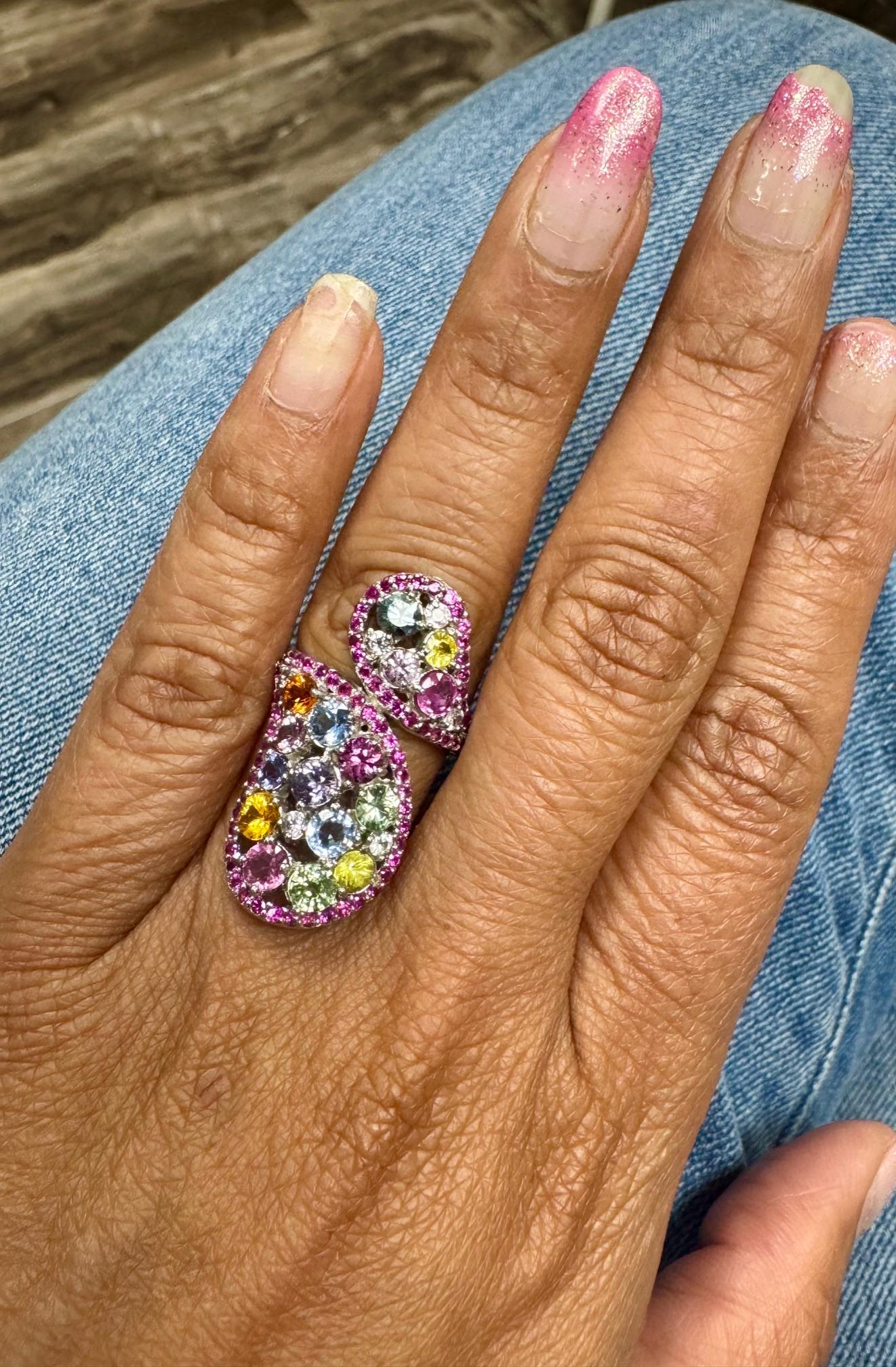 5.31 Carat Multi Color Sapphire White Gold Cocktail Ring For Sale 3
