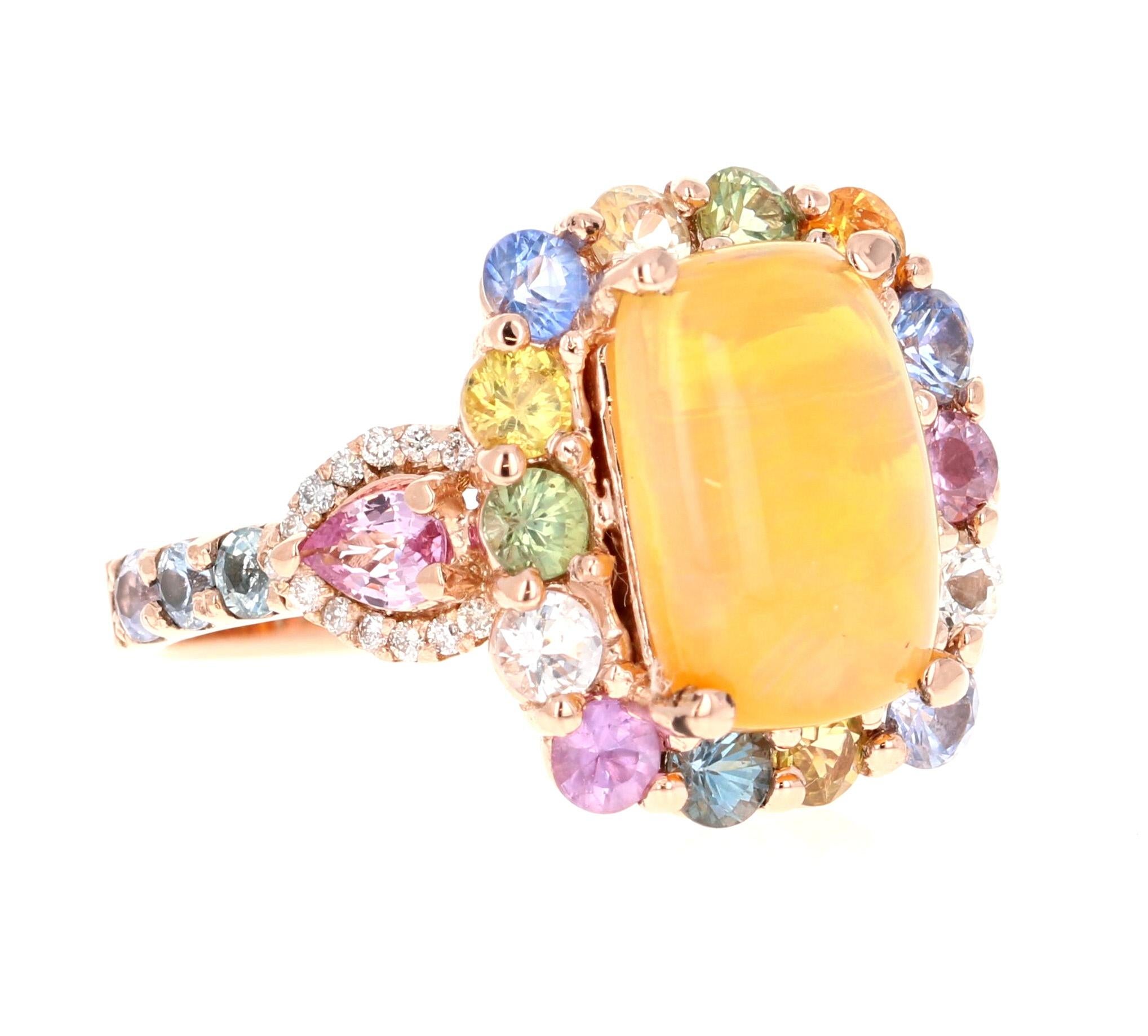 5,31 Karat Natürlicher Opal Saphir und Diamant Rose Gold Cocktail Ring

Besonderheiten des Artikels:

Natürlicher äthiopischer Opal mit einem Gewicht von 2,51 Karat als Mittelstein
20 natürliche mehrfarbige Saphire im Rundschliff mit einem Gewicht