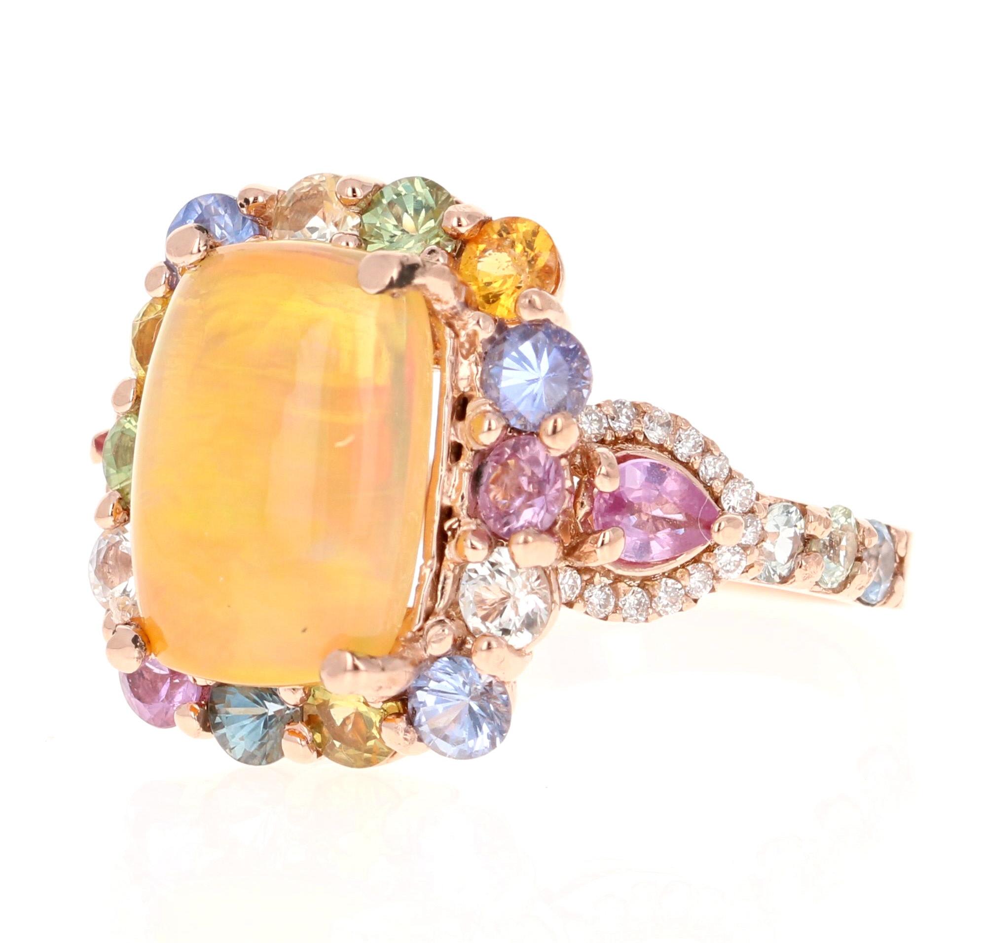 5,31 Karat Natürlicher Opal Saphir und Diamant Rose Gold Cocktail Ring (Smaragdschliff)