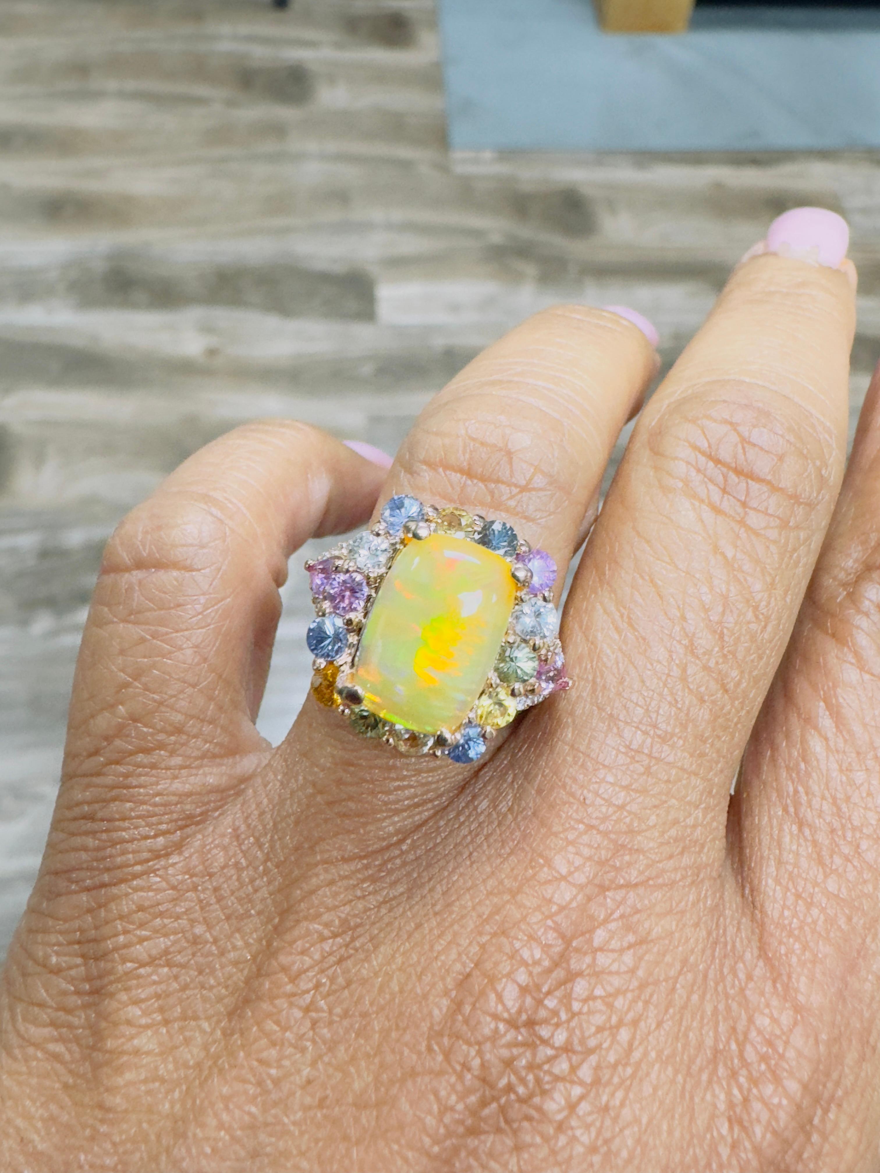 5,31 Karat Natürlicher Opal Saphir und Diamant Rose Gold Cocktail Ring Damen