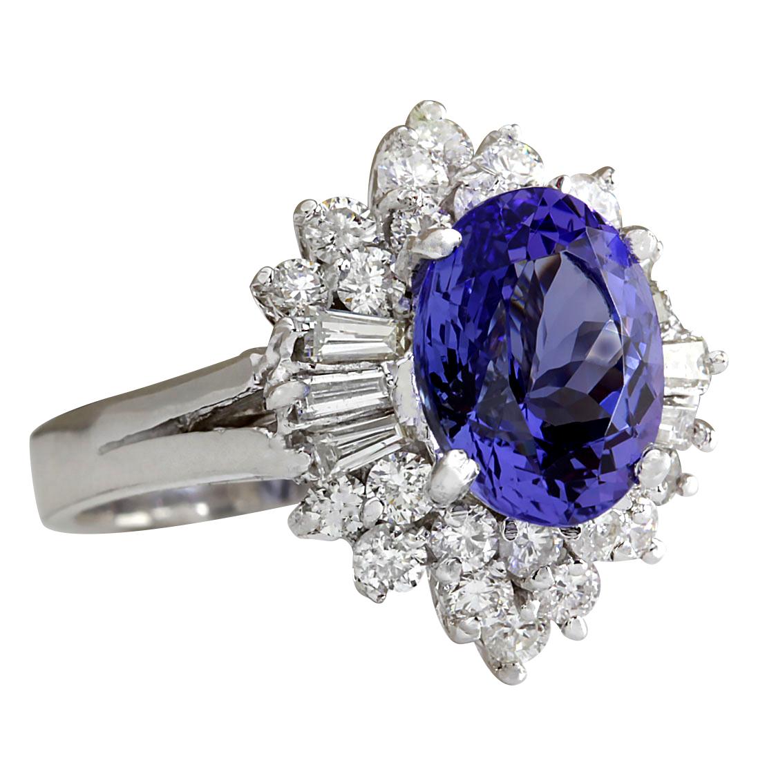 Stamped: 14K White Gold
Total Ring Weight: 7.4 Grams
Total Natural Tanzanite Weight is 3.76 Carat (Measures: 10.00x8.00 mm)
Color: Blue
Total Natural Diamond Weight is 1.55 Carat
Color: F-G, Clarity: VS2-SI1
Face Measures: 18.85x15.55 mm
Sku: