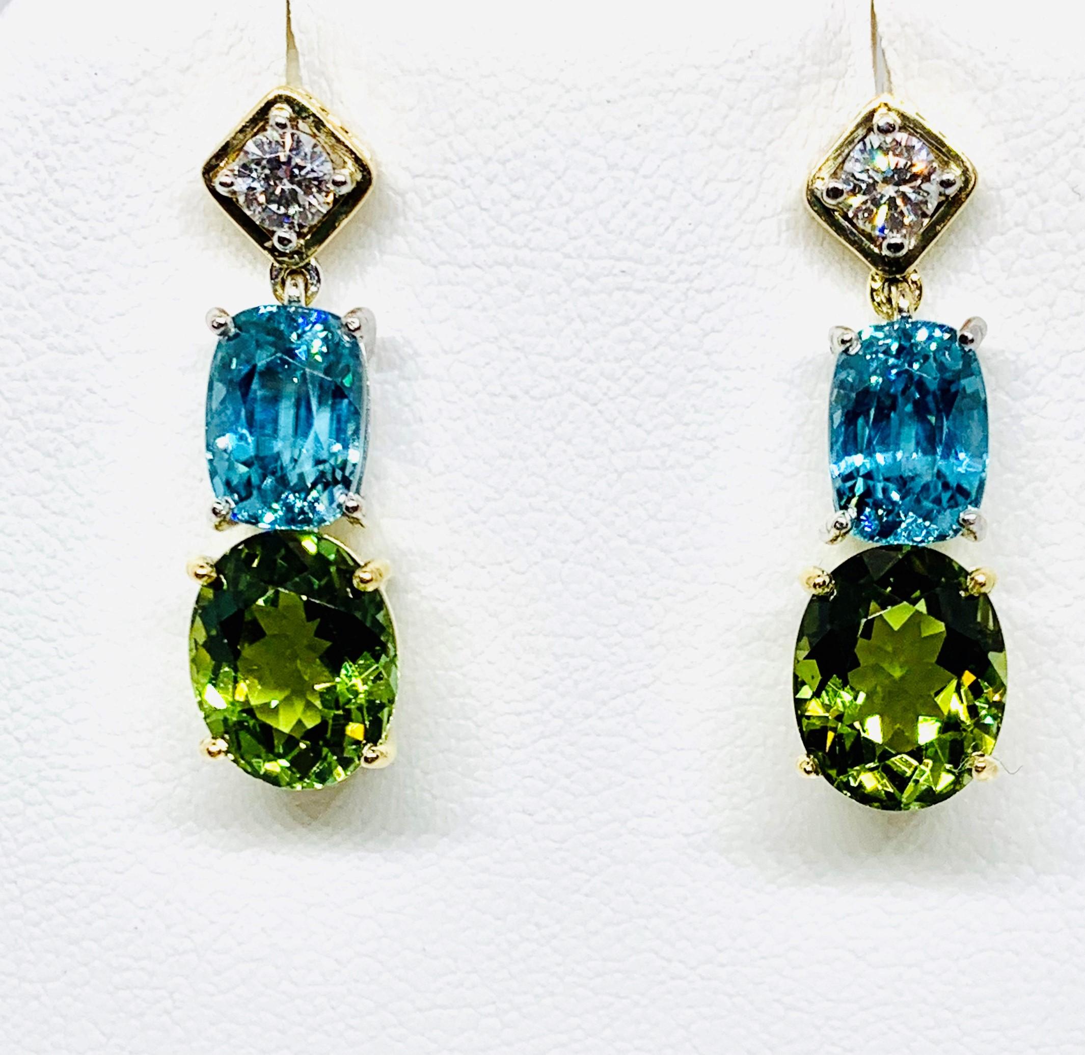 Tourmaline, Blue Zircon and Diamond Dangle Earrings in Yellow and White Gold For Sale 1