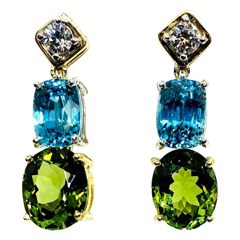 Color and shape and proportion define these gorgeous color block earrings. We can create one-of-a-kind earrings such as these because of our vast inventory of colored gemstones. Even so, it is rare to see colored stones so well matched for color and