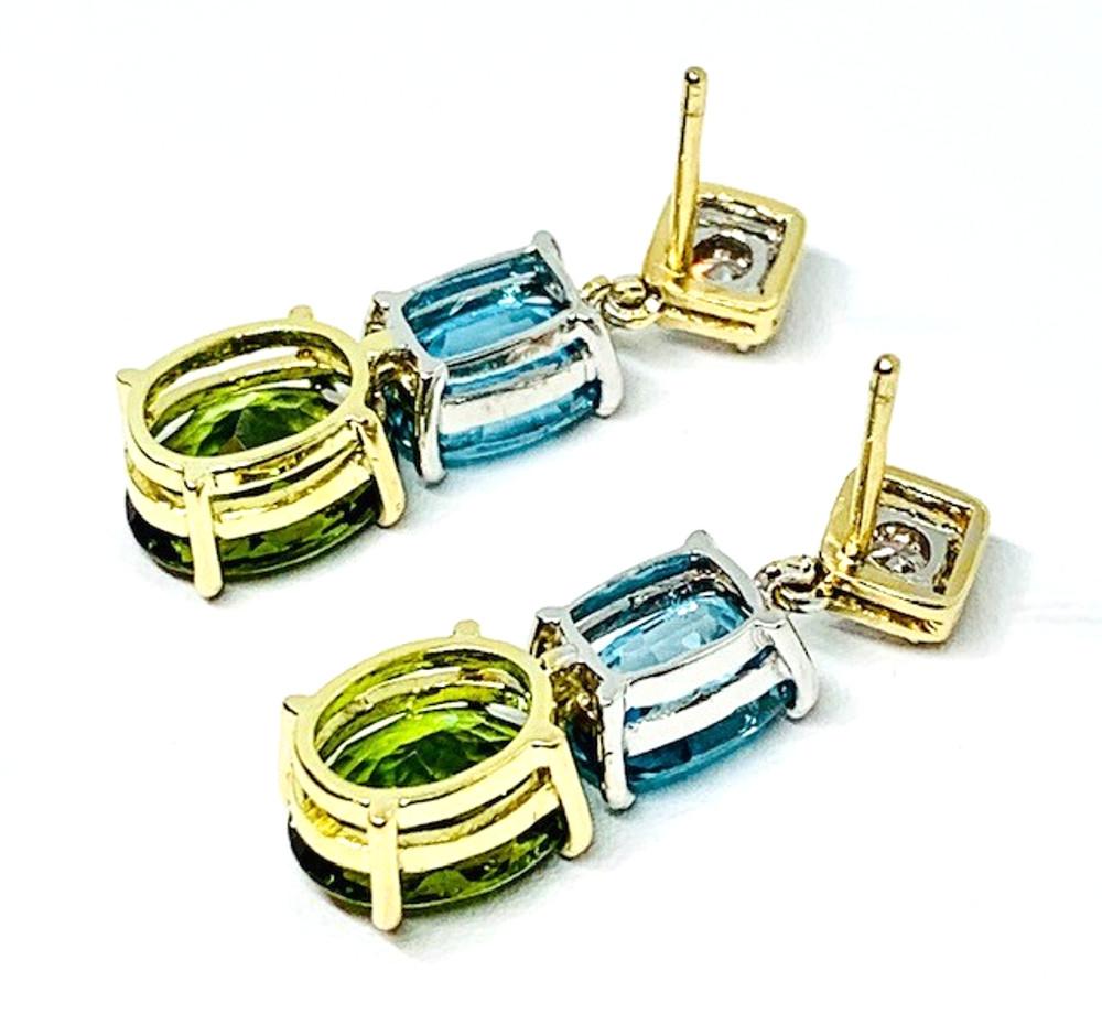 Artisan Tourmaline, Blue Zircon and Diamond Dangle Earrings in Yellow and White Gold For Sale