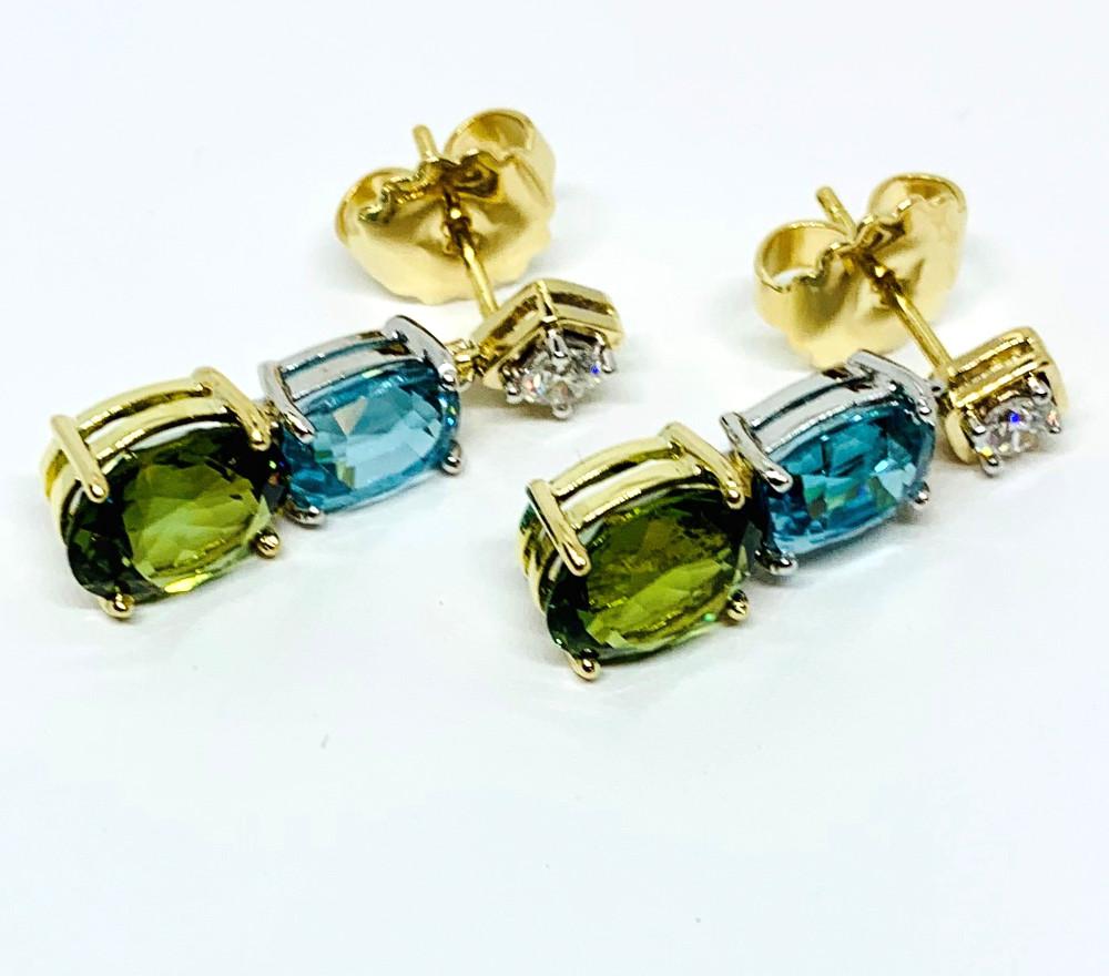 Oval Cut Tourmaline, Blue Zircon and Diamond Dangle Earrings in Yellow and White Gold For Sale