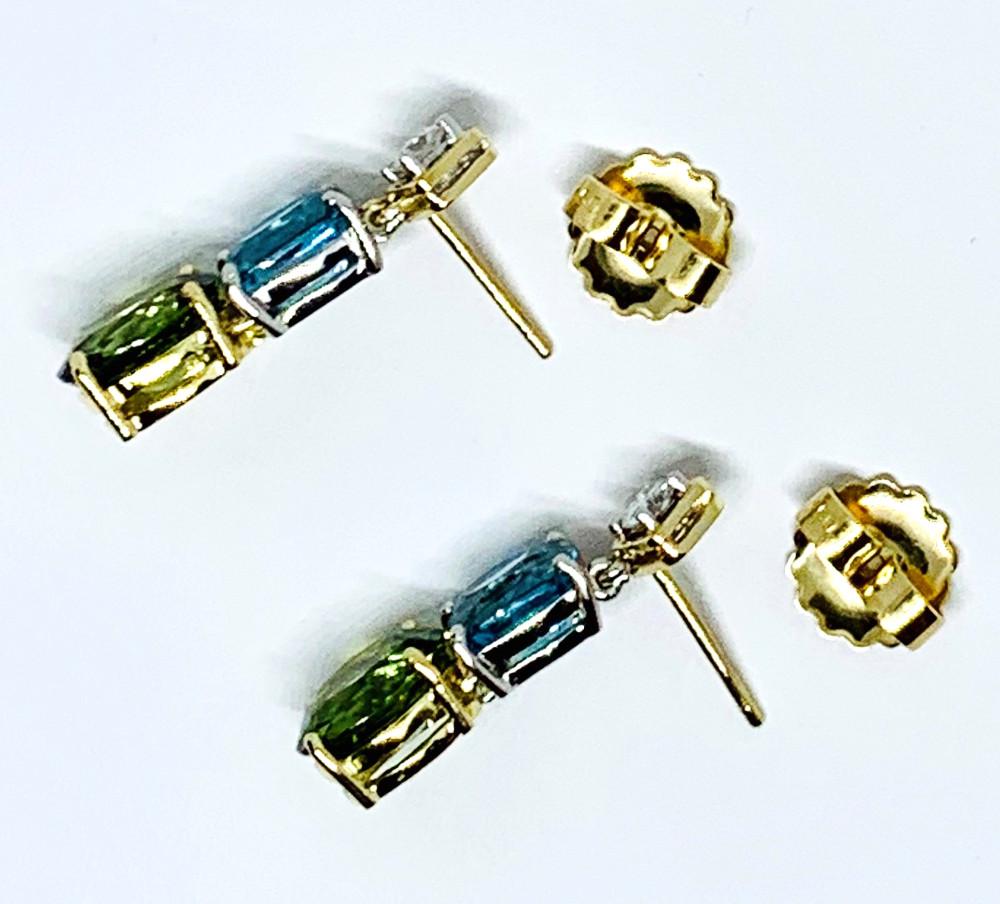 Tourmaline, Blue Zircon and Diamond Dangle Earrings in Yellow and White Gold In New Condition For Sale In Los Angeles, CA