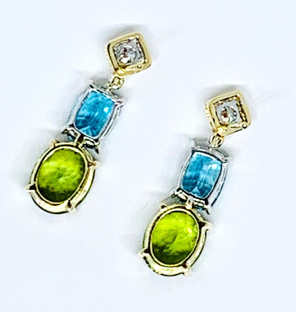 Women's Tourmaline, Blue Zircon and Diamond Dangle Earrings in Yellow and White Gold For Sale