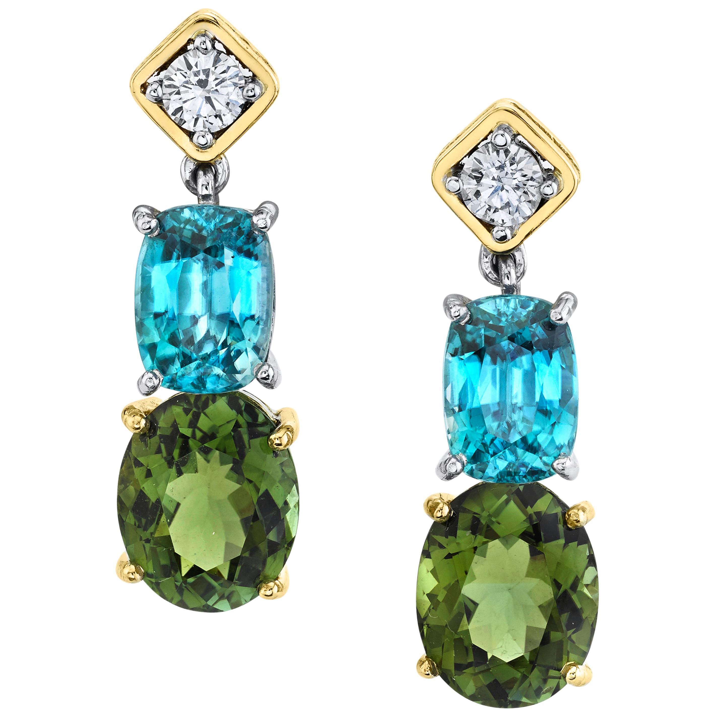 Tourmaline, Blue Zircon and Diamond Dangle Earrings in Yellow and White Gold