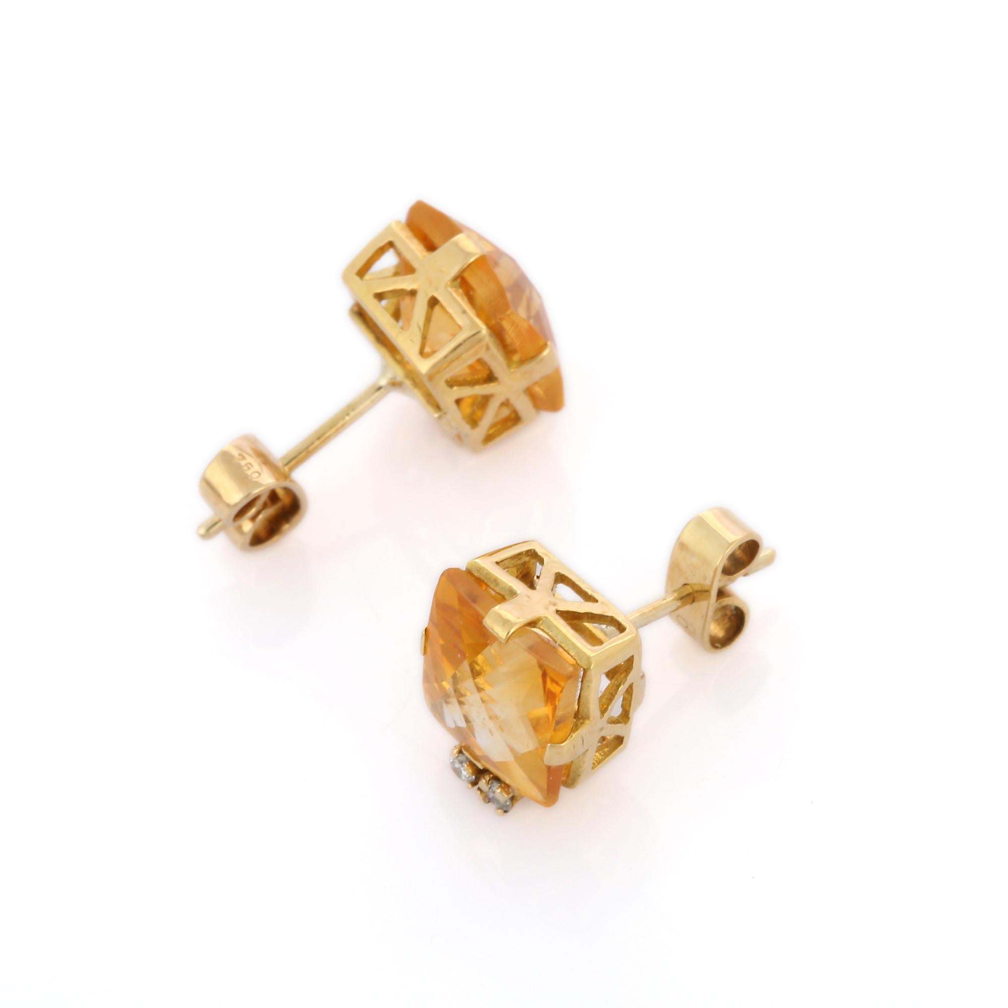 Earrings create a subtle beauty while showcasing the colors of the natural precious gemstones and illuminating diamonds making a statement.

Square cut Citrine Stud earrings in 18K gold. Embrace your look with these stunning pair of earrings