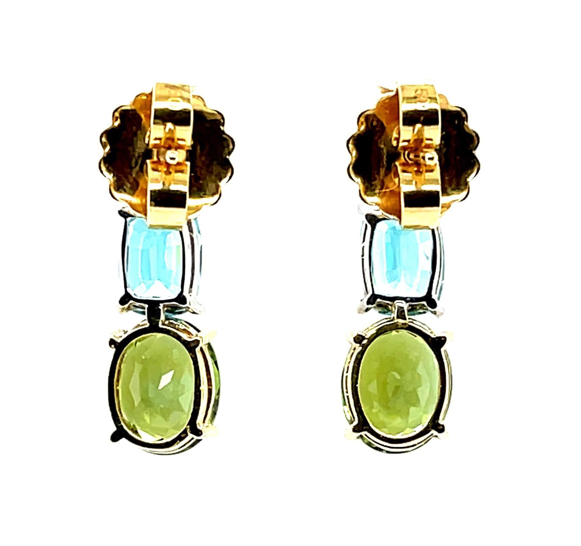 Tourmaline, Blue Zircon and Diamond Dangle Earrings in Yellow and White Gold For Sale 2