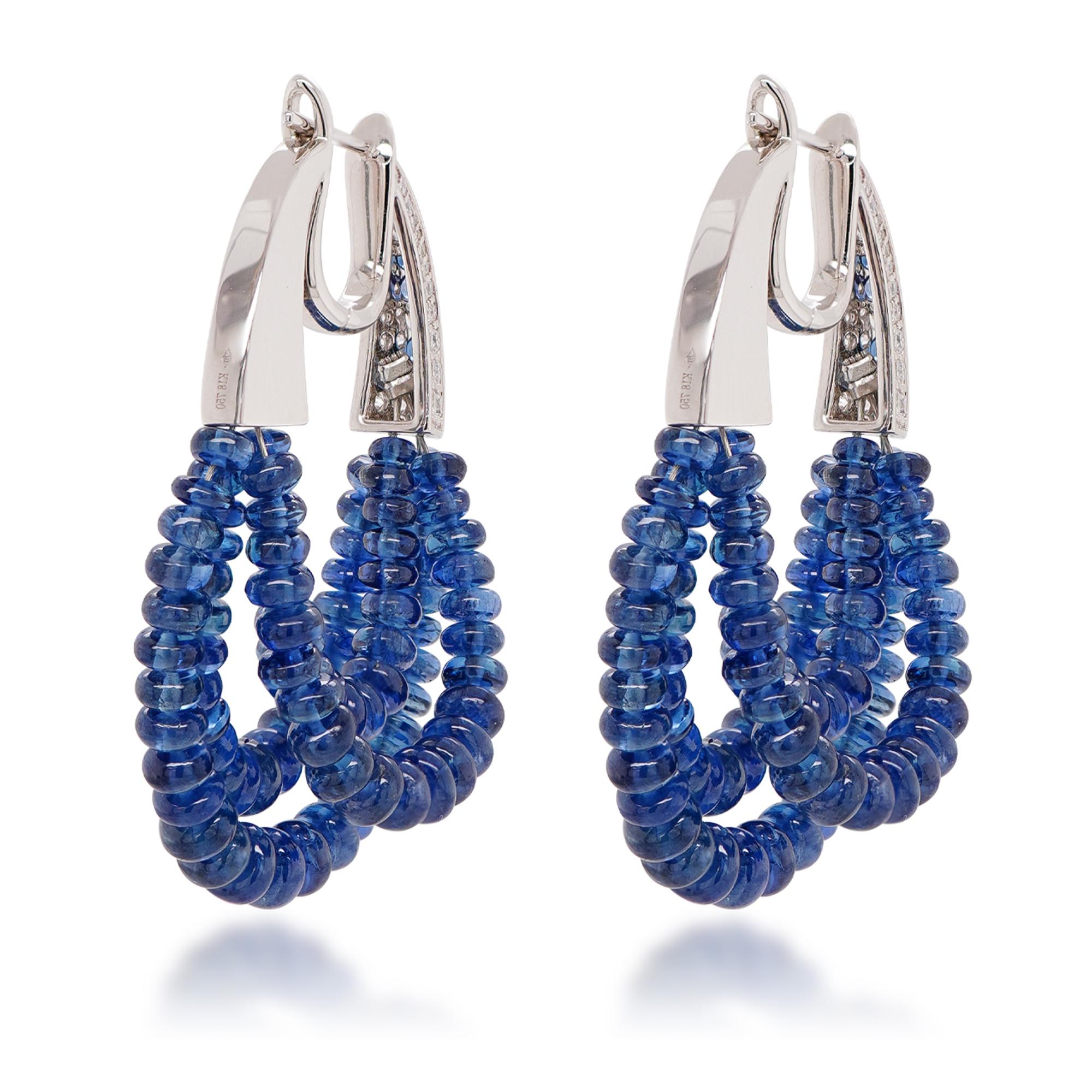 Anglo-Indian 53.19 Carats Vivid Blue Sapphire & 0.75 Carats F VS Head Turner Earring 18K For Sale