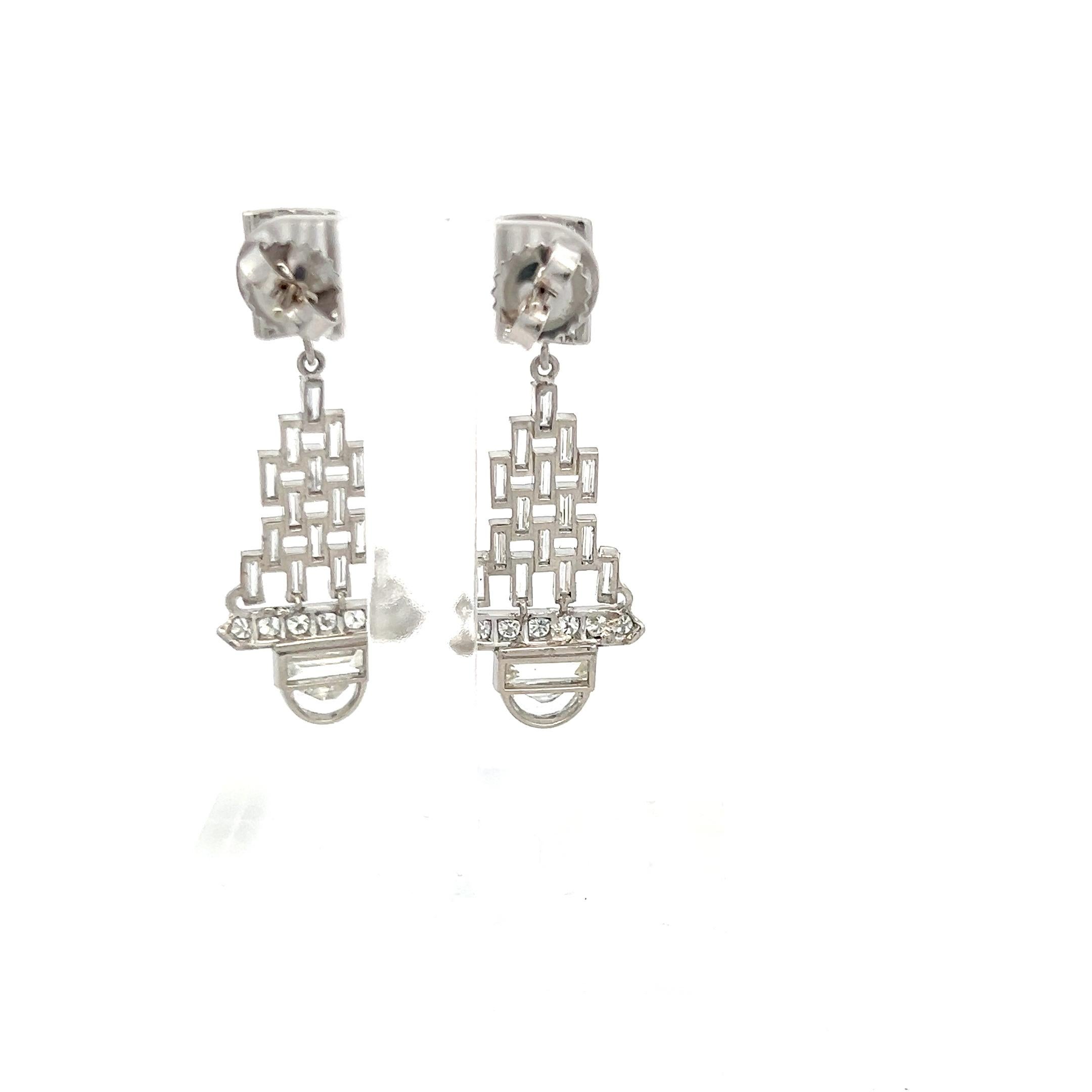 Baguette Cut 5.32 Carat Baguette and Half Moon and Round Diamond Platinum Dangling Earrings For Sale