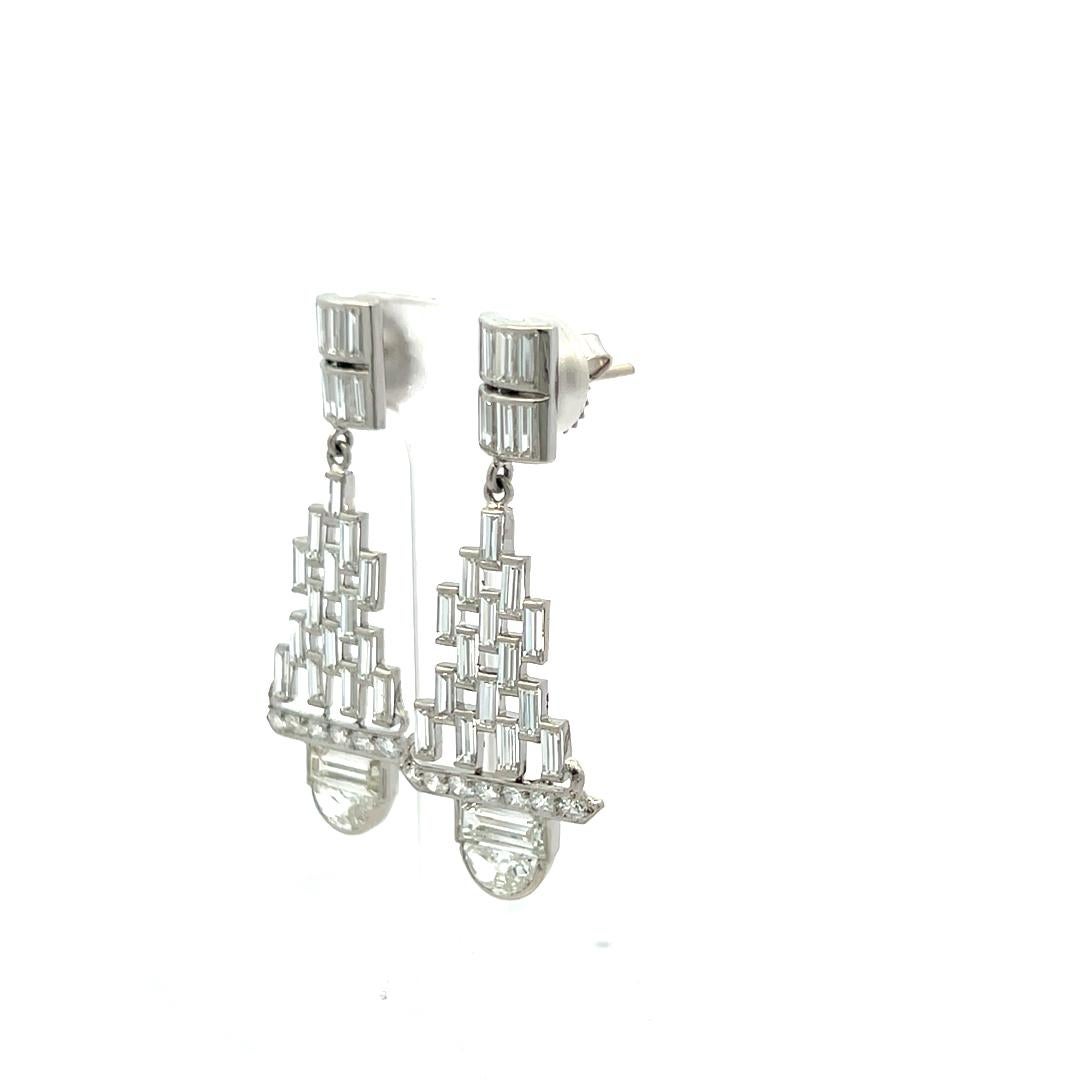 5.32 Carat Baguette and Half Moon and Round Diamond Platinum Dangling Earrings For Sale 1