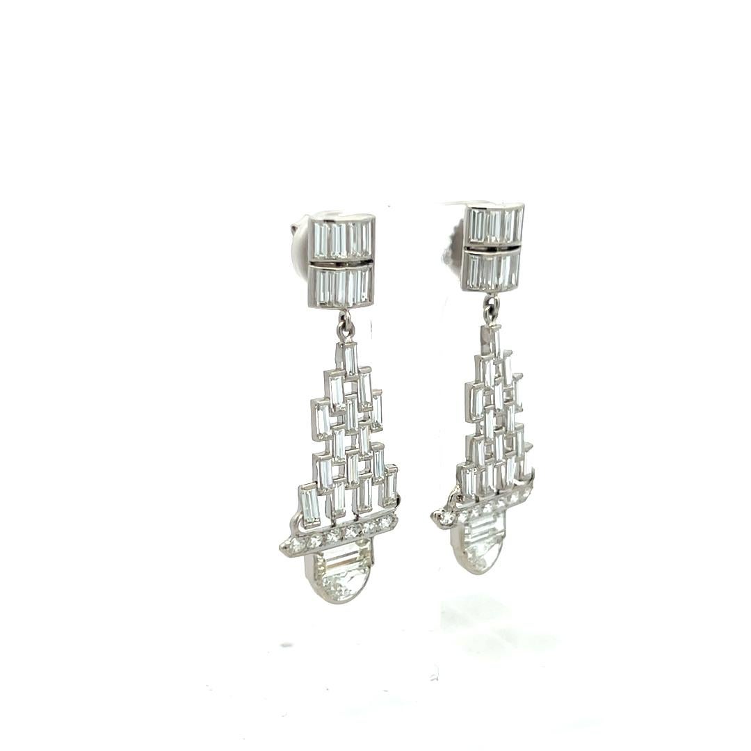 5.32 Carat Baguette and Half Moon and Round Diamond Platinum Dangling Earrings For Sale 2