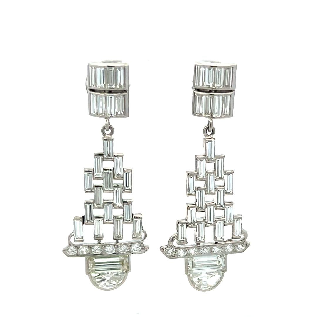 5.32 Carat Baguette and Half Moon and Round Diamond Platinum Dangling Earrings For Sale 3