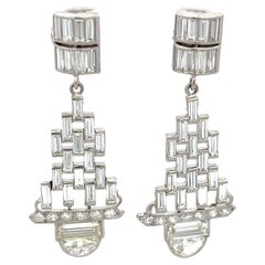 Vintage 5.32 Carat Baguette and Half Moon and Round Diamond Platinum Dangling Earrings