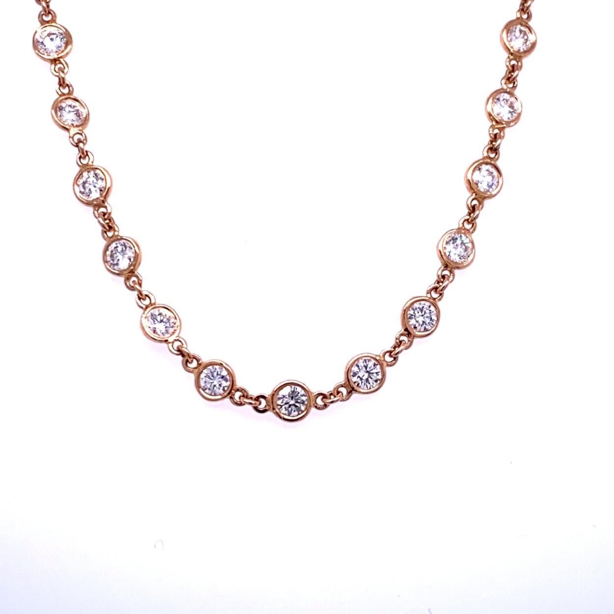 This Diamond Necklace consists of 61 Links Bezel Set 2.8mm Round Brilliant diamonds set in 18K Gold.   Available in White, Yellow, and Rose Color.
Total Weight of diamonds: 5.32 Ct 
Total Weight of bracelet: 8.7 gr