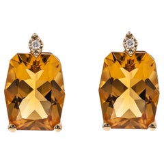 5.32 Carat Cushion-Cut Citrine, Diamond Accents 14K Yellow Gold Stud Earring