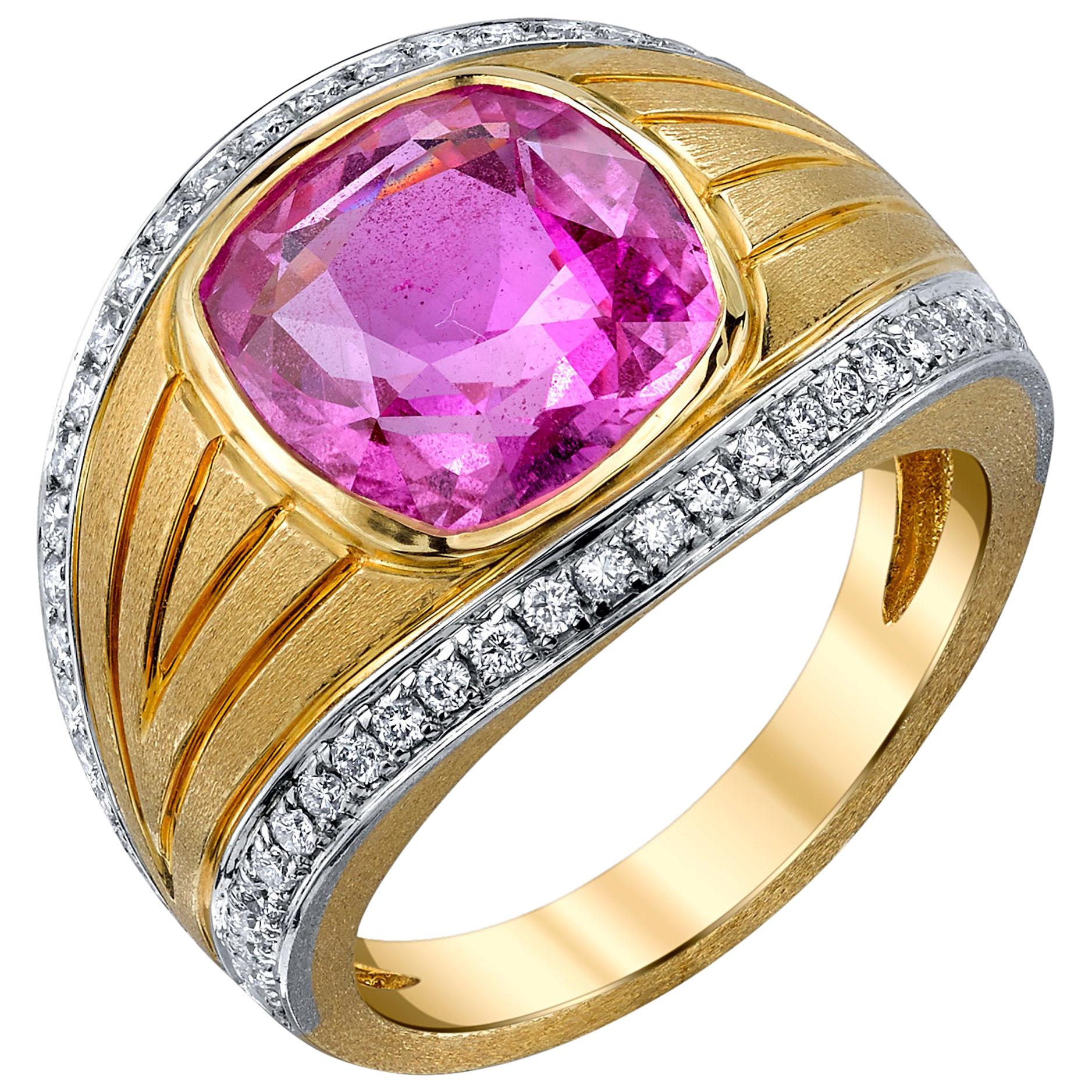 5.20 Carat Bezel Set Pink Sapphire & Diamond 18k Yellow & White Gold Dome Ring