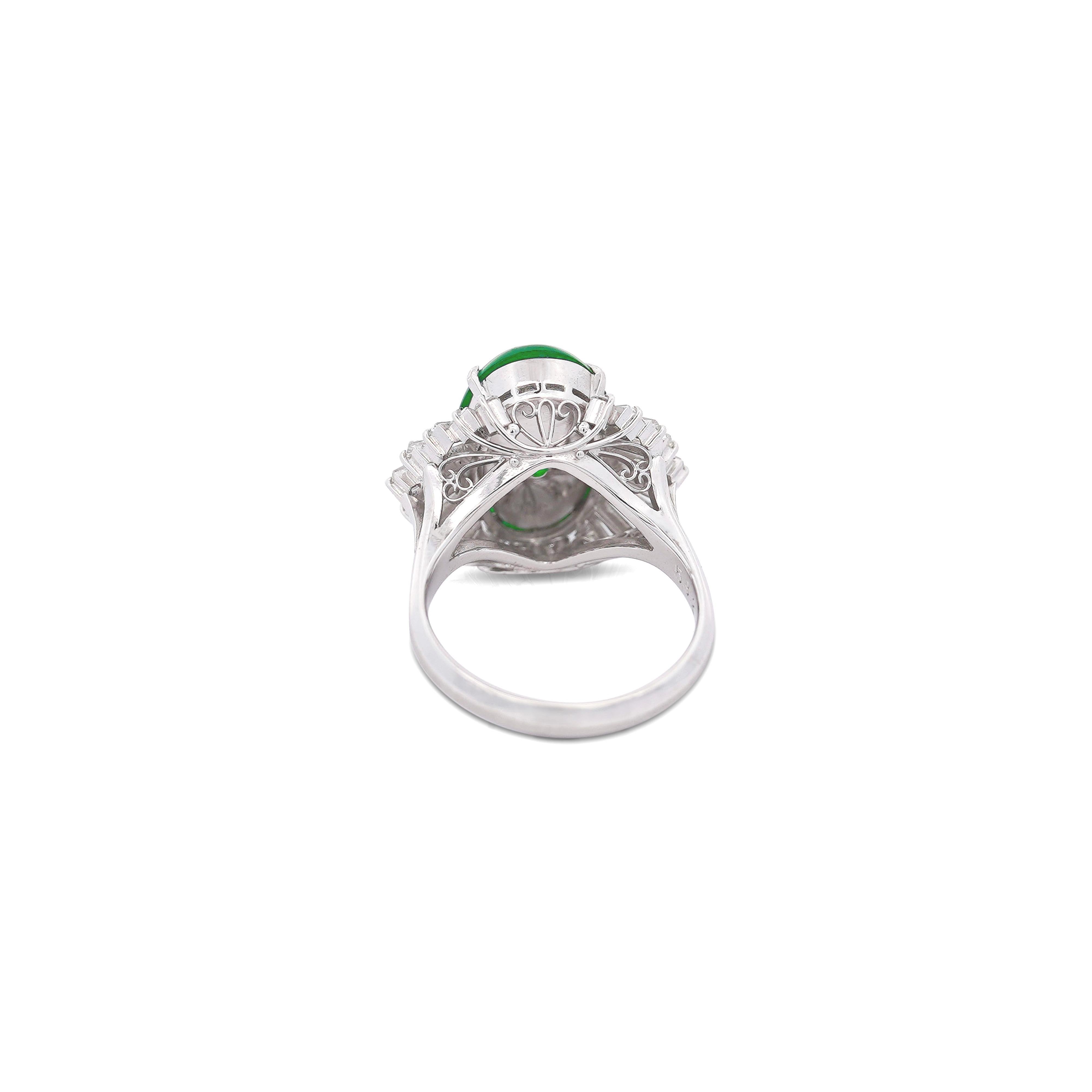 Oval Cut 5.32 Carat Natural Jadeite Jade and Diamond Filigree Platinum Ballerina Ring For Sale