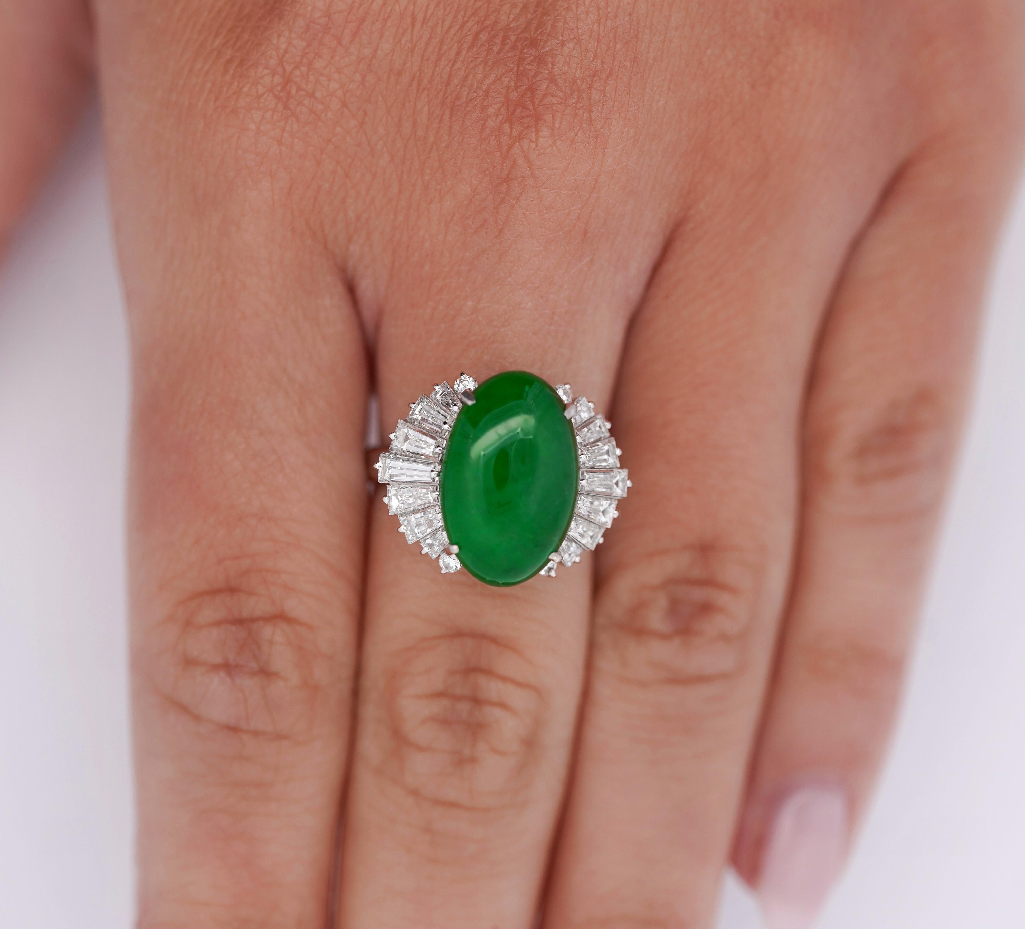 Women's 5.32 Carat Natural Jadeite Jade and Diamond Filigree Platinum Ballerina Ring For Sale