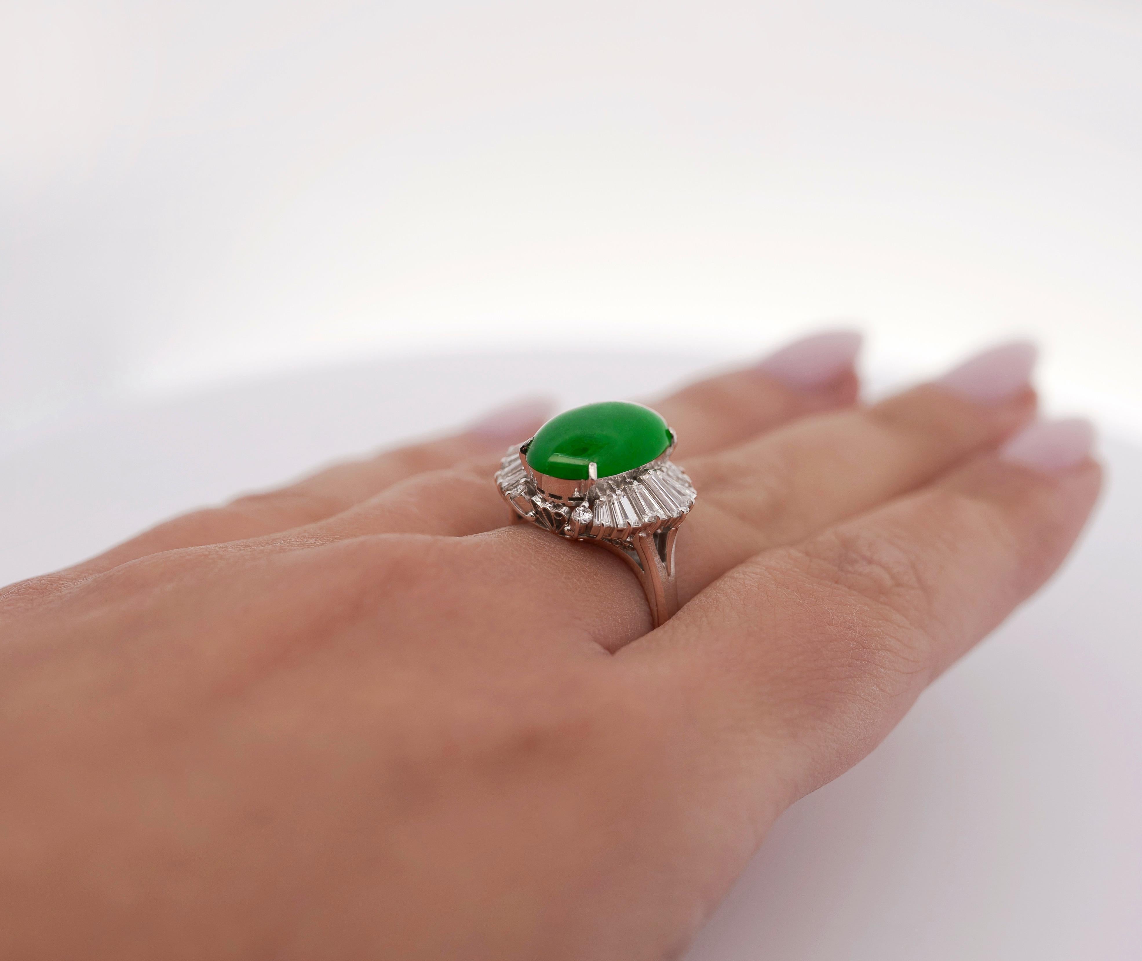 5.32 Carat Natural Jadeite Jade and Diamond Filigree Platinum Ballerina Ring For Sale 2
