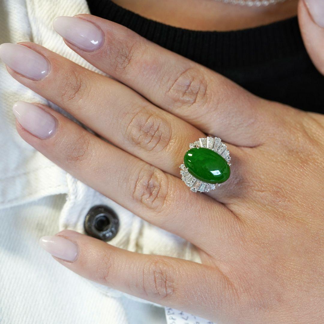5.32 Carat Natural Jadeite Jade and Diamond Filigree Platinum Ballerina Ring For Sale 3