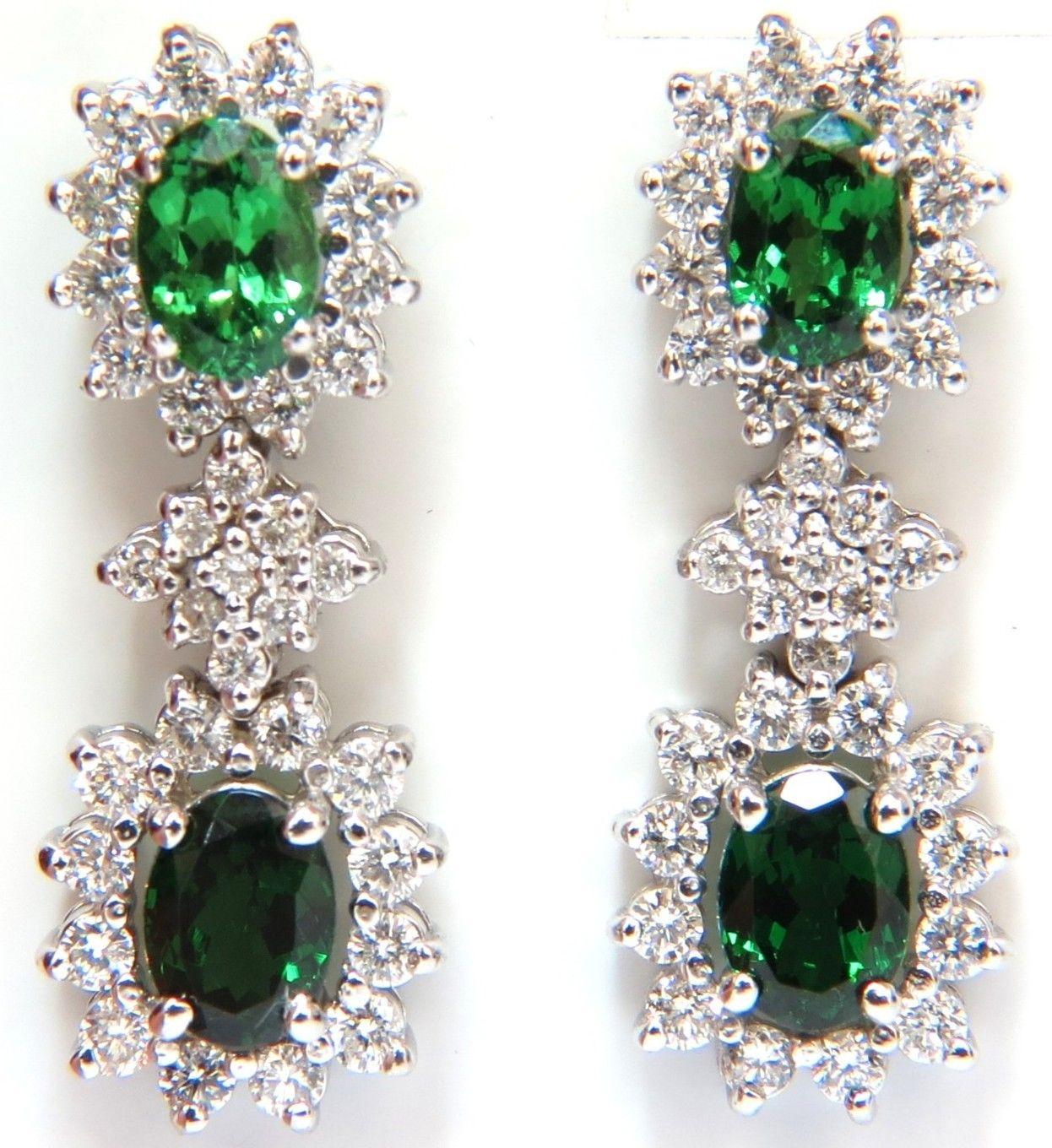 5.32 Carat Natural Vivid Green Tsavorite Diamond Earrings 14 Karat Halo Dangle In New Condition For Sale In New York, NY