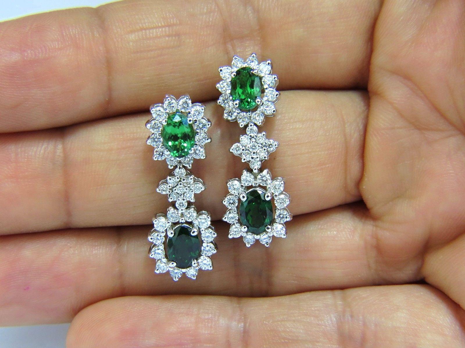 Women's or Men's 5.32 Carat Natural Vivid Green Tsavorite Diamond Earrings 14 Karat Halo Dangle For Sale