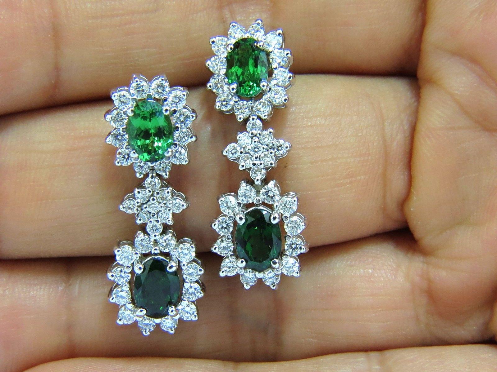 5.32 Carat Natural Vivid Green Tsavorite Diamond Earrings 14 Karat Halo Dangle For Sale 1