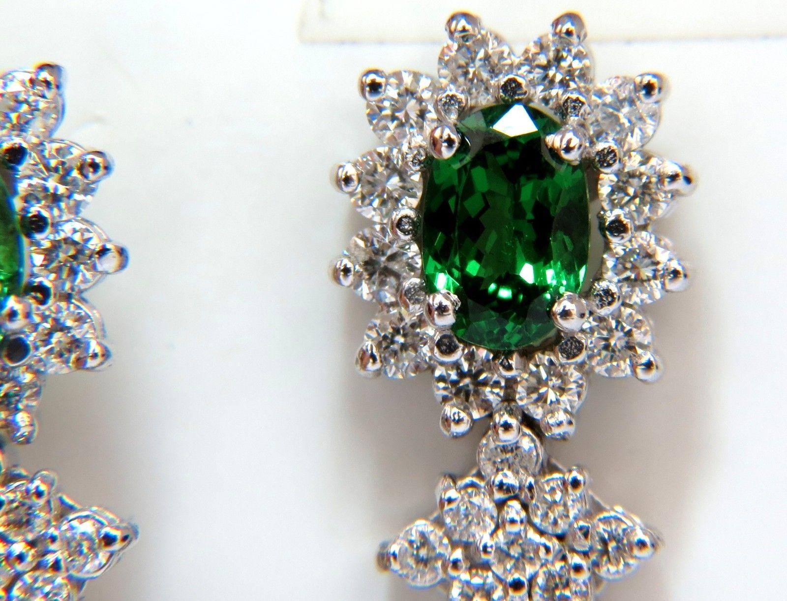 5.32 Carat Natural Vivid Green Tsavorite Diamond Earrings 14 Karat Halo Dangle For Sale 4