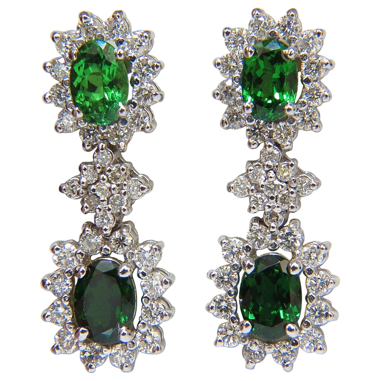 5.32 Carat Natural Vivid Green Tsavorite Diamond Earrings 14 Karat Halo Dangle