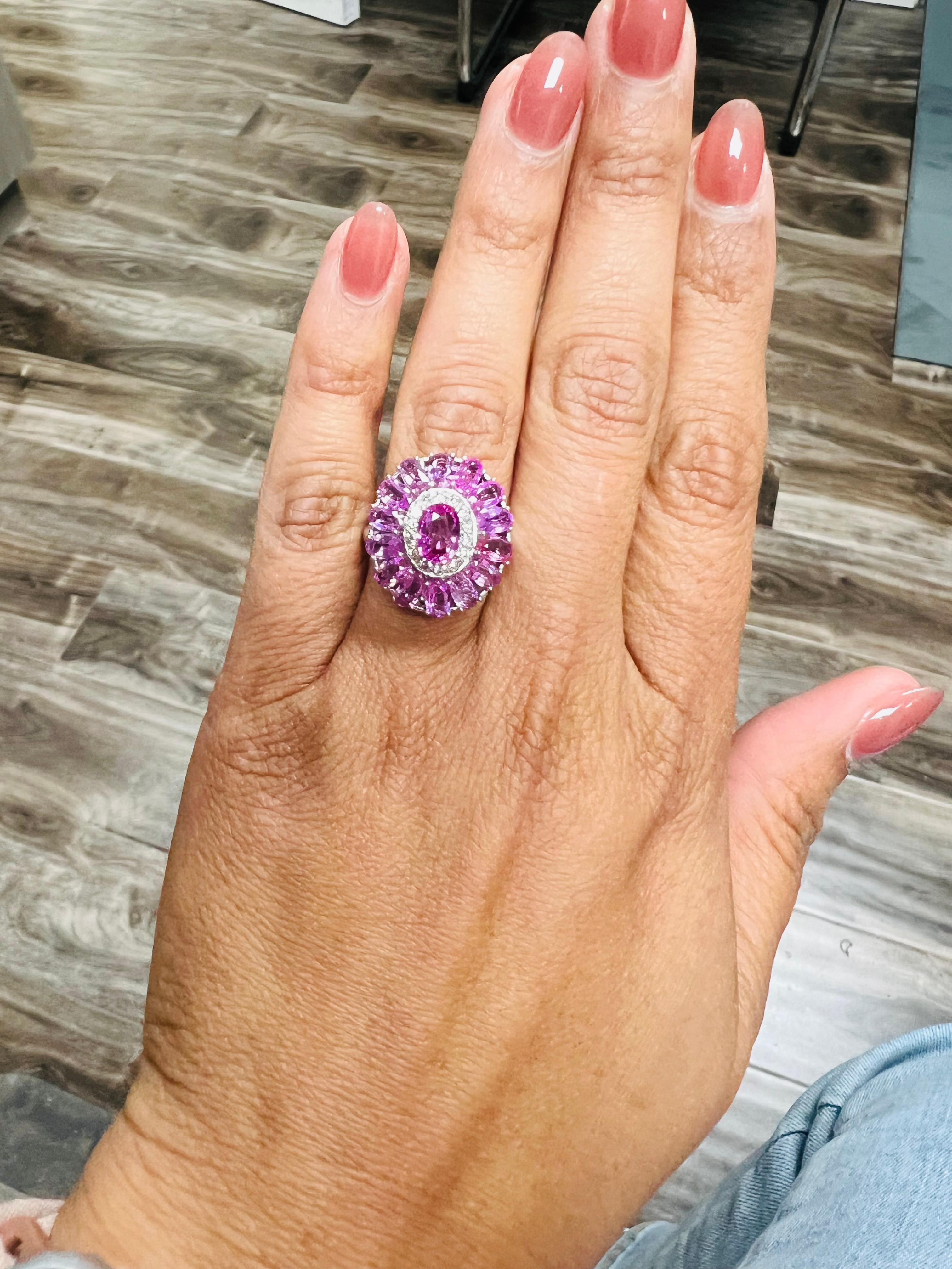 Oval Cut 5.32 Carat Pink Sapphire Diamond 18 Karat White Gold Cocktail Ring GIA Certified For Sale