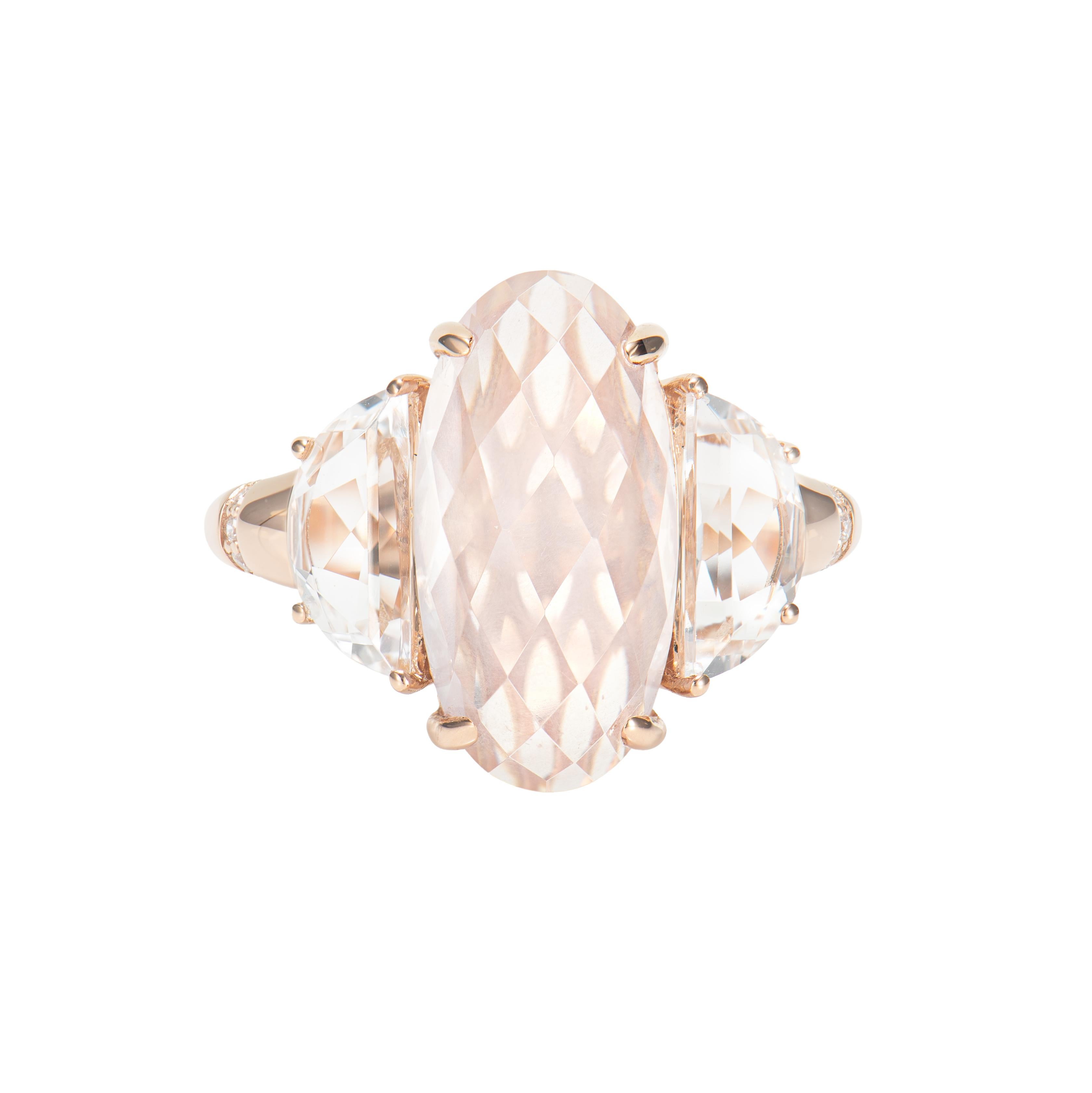 Contemporary 5.32 Carat Rose Quartz Antique Ring in 18KRG with White Topaz and Diamond For Sale