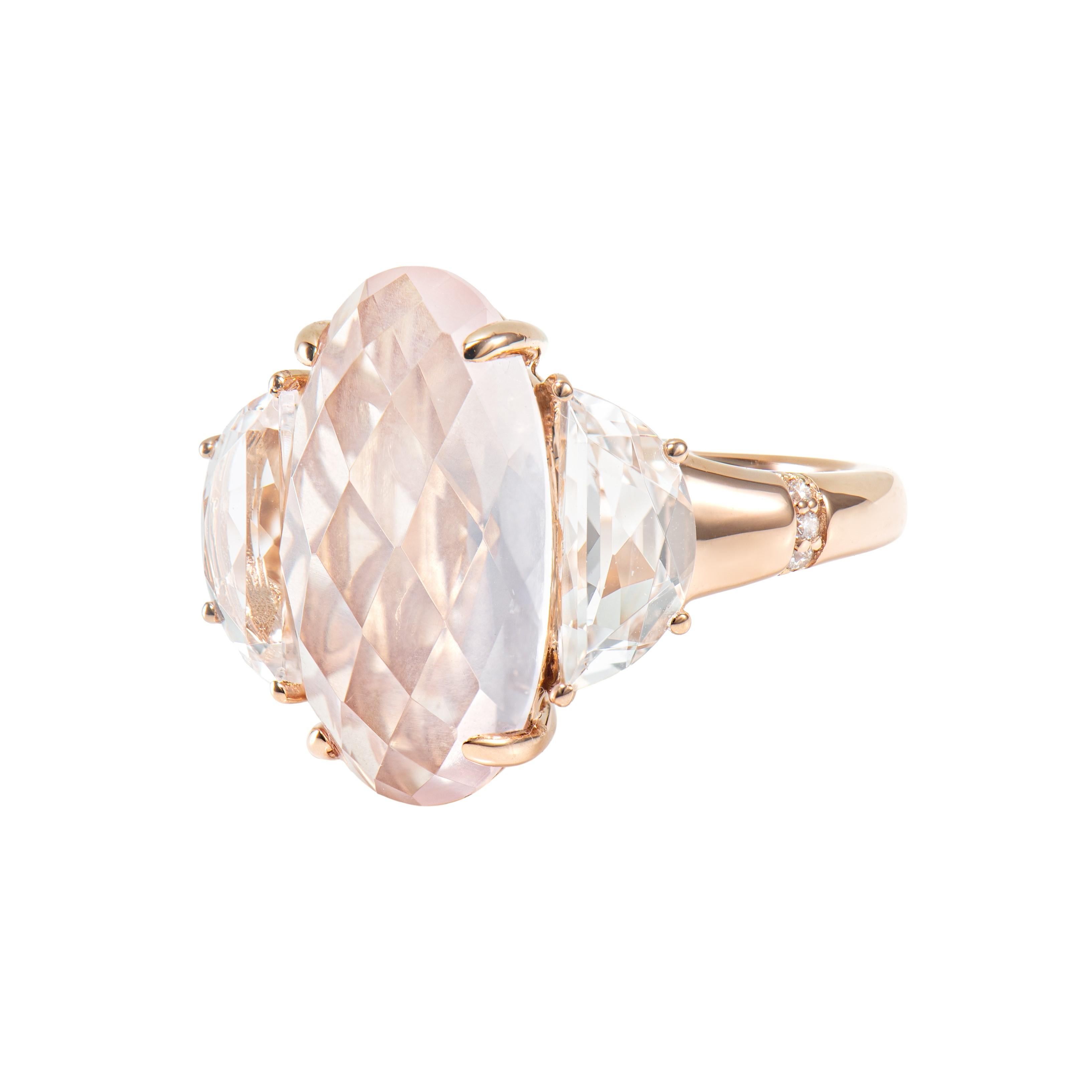 Oval Cut 5.32 Carat Rose Quartz Antique Ring in 18KRG with White Topaz and Diamond For Sale