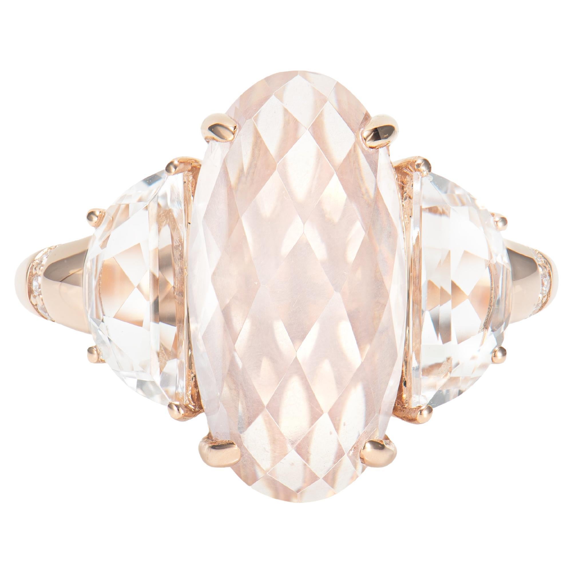 5.32 Carat Rose Quartz Antique Ring in 18KRG with White Topaz and Diamond For Sale