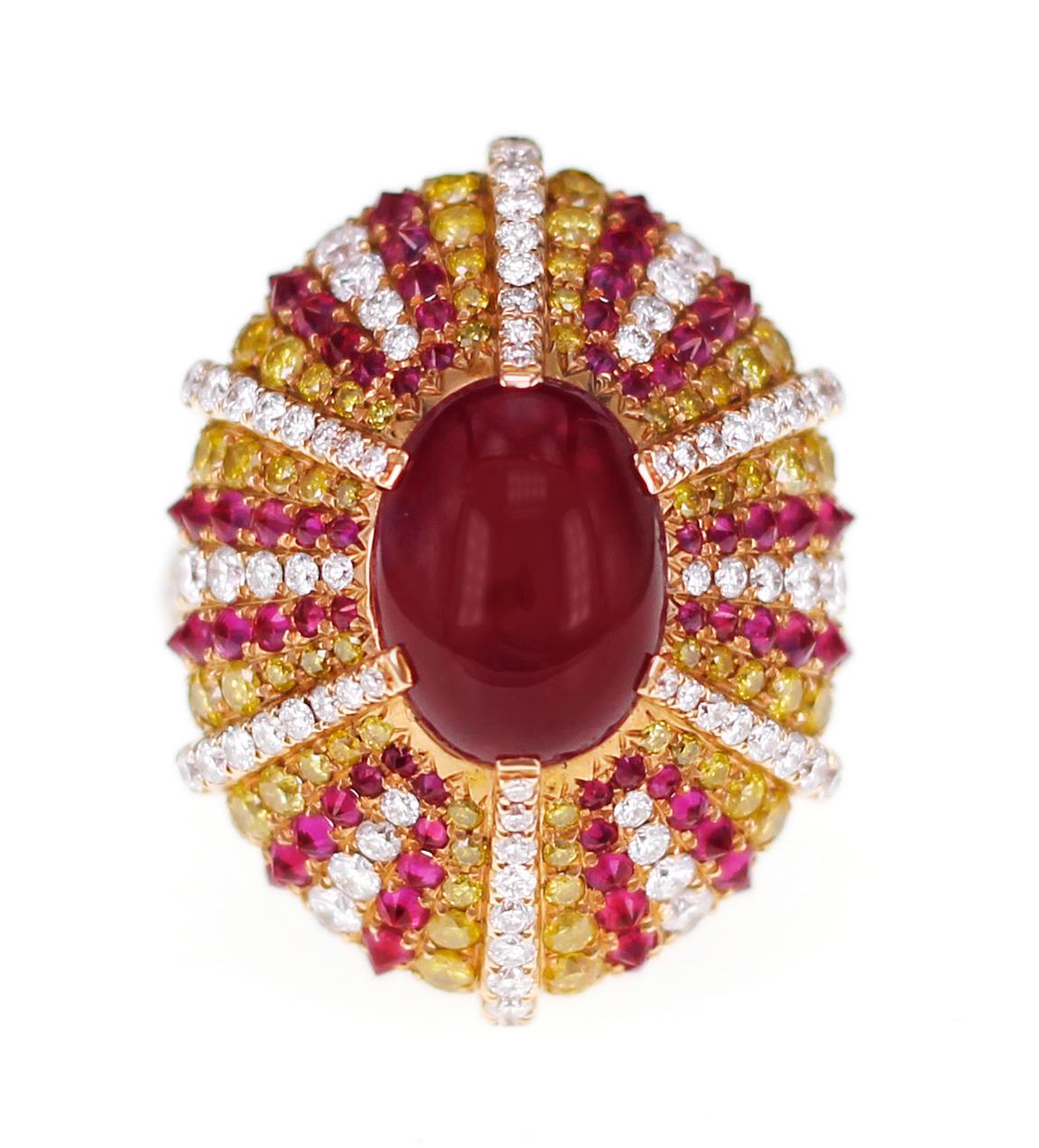 The ring consists of 5.32 carat of Ruby from Thailand. The ruby has 2.69 carat of vivid yellow round brilliant diamond and white round diamond for its company. Also 1.21 carat of Mozambique round brilliant ruby has been used to give it a distinct