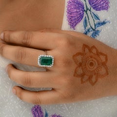 5.32 Carat Zambian Emerald Gemstone Cocktail Ring 0.6 Ct. Diamond 14k White Gold