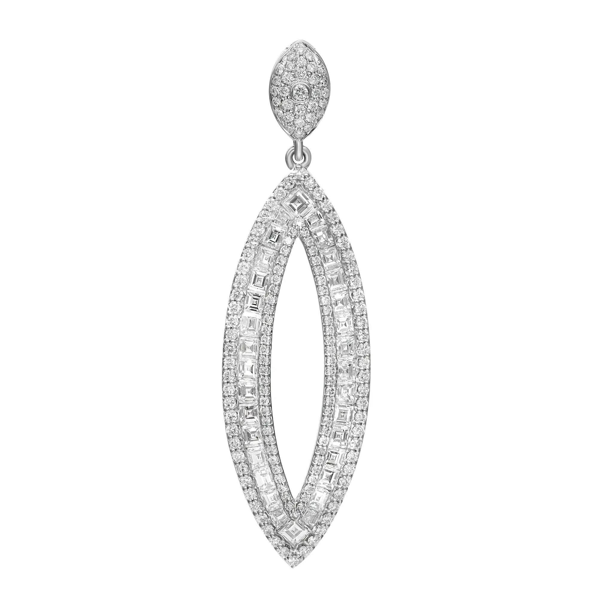 Exquisite 18K white gold 5.32 carats diamond drop earrings featuring channel set princess cut and prong set round brilliant cut diamonds that dangle from an eye-catching pave set diamond push-back post. Each diamond in this luxurious pair of earring