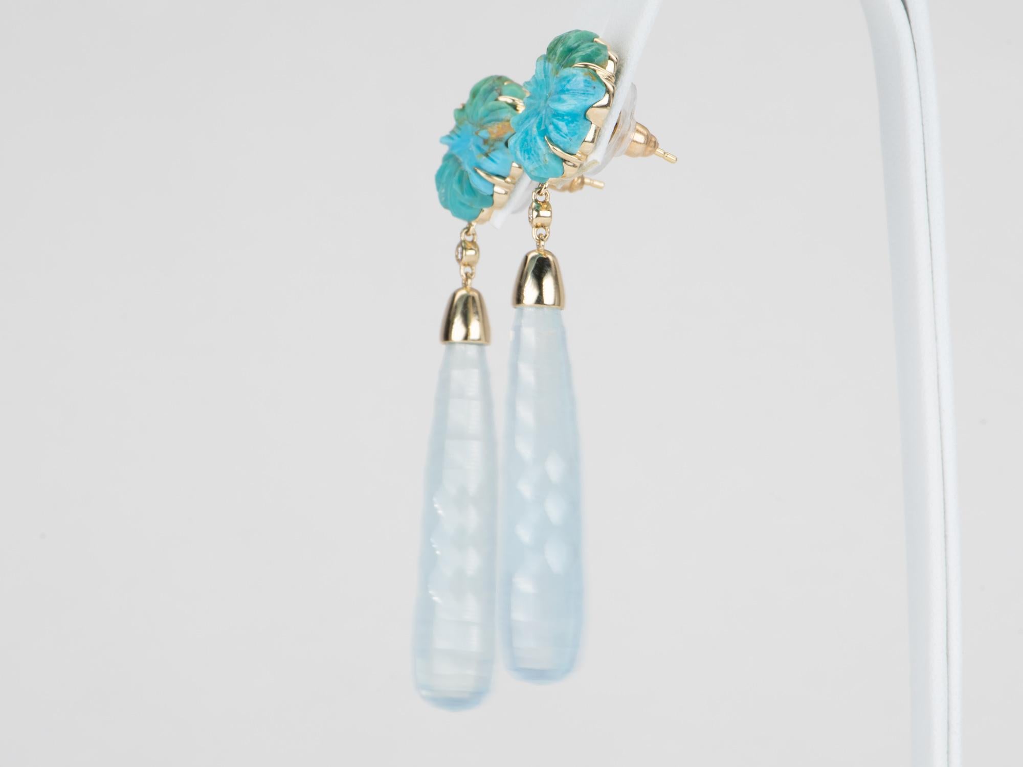 Uncut 53.24ctw Carved Aquamarine and Turquoise Long Earrings 14K Gold R3130 For Sale