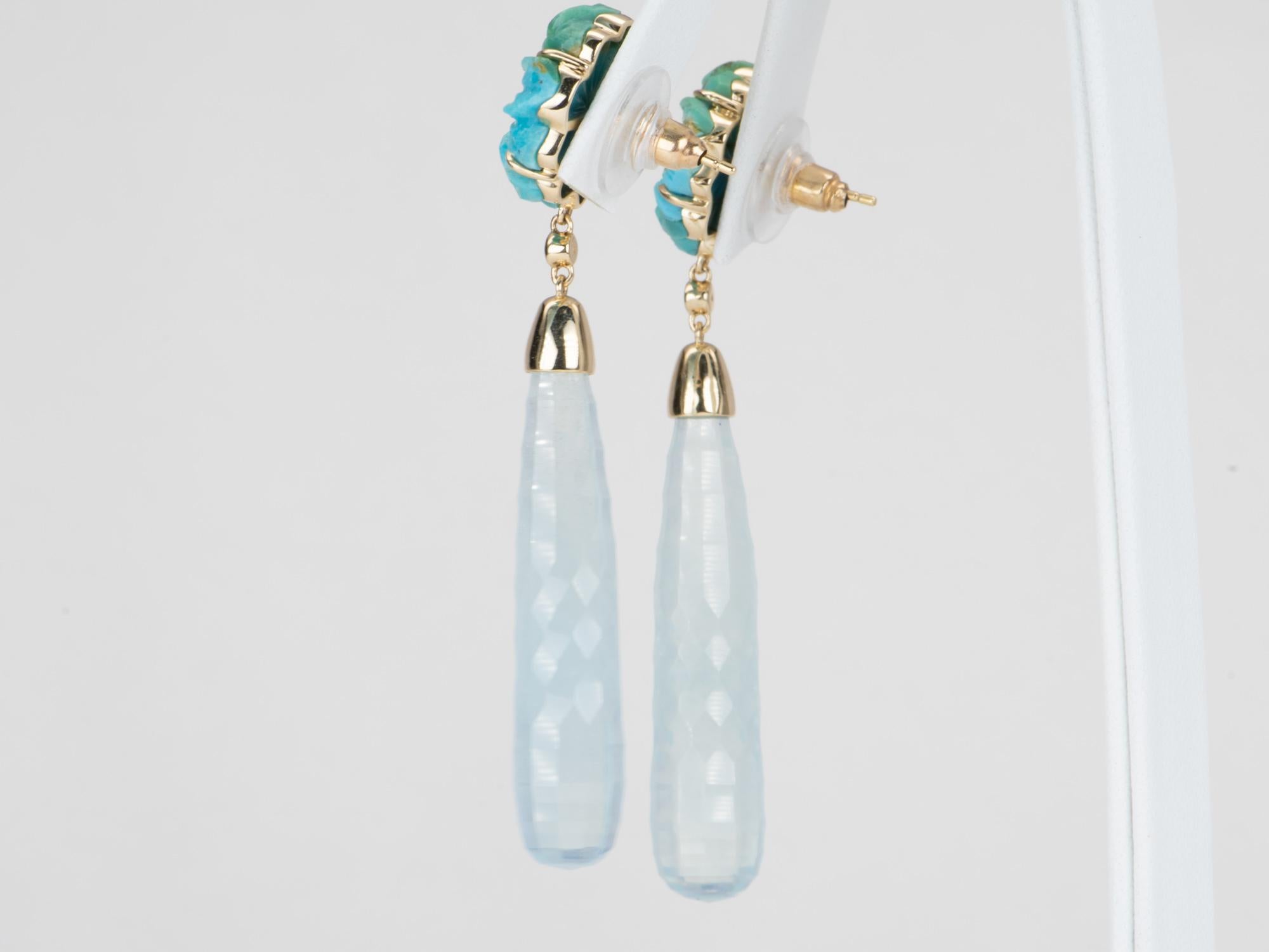 53.24ctw Carved Aquamarine and Turquoise Long Earrings 14K Gold R3130 In New Condition For Sale In Osprey, FL