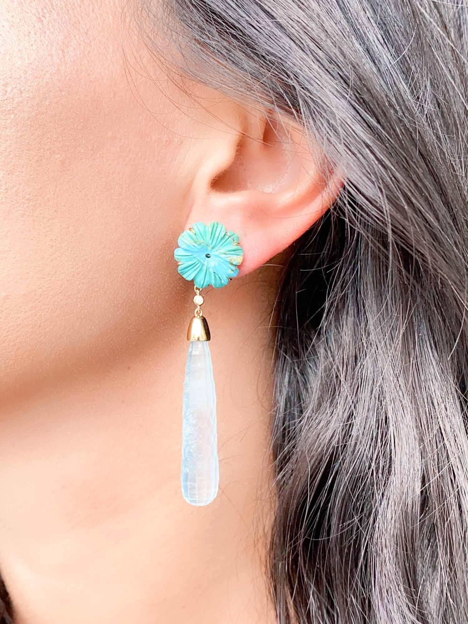 53.24ctw Carved Aquamarine and Turquoise Long Earrings 14K Gold R3130 For Sale 3
