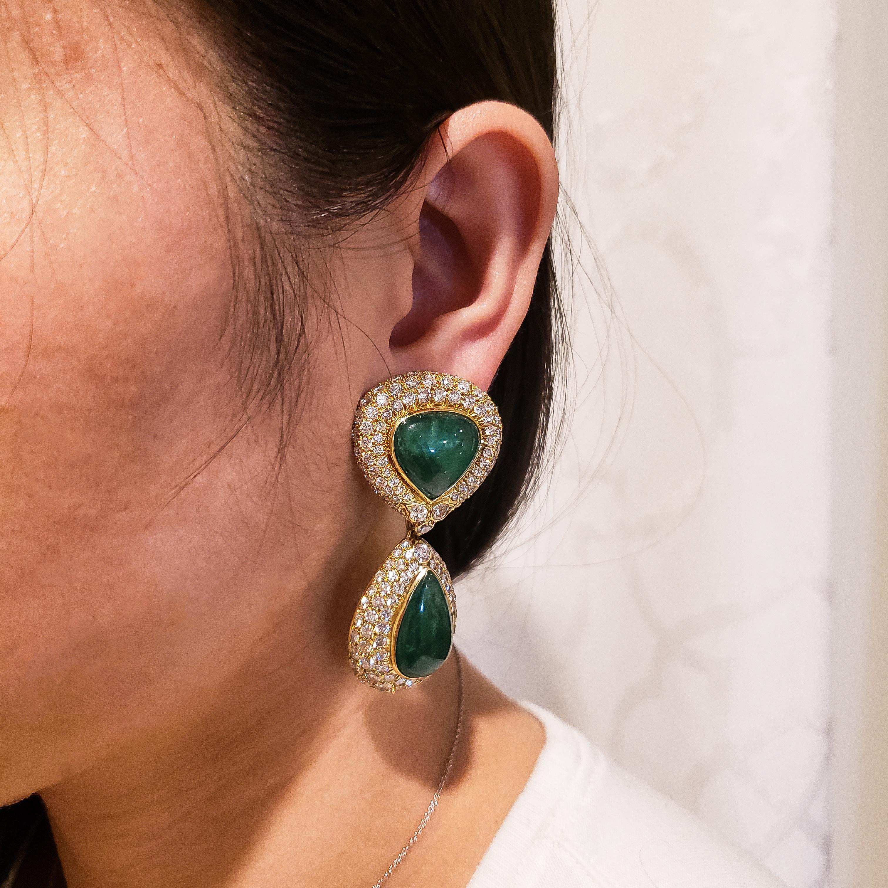 Contemporary 53.25 Carat Cabochon Emerald and Diamond Detachable Dangle Drop Earrings For Sale